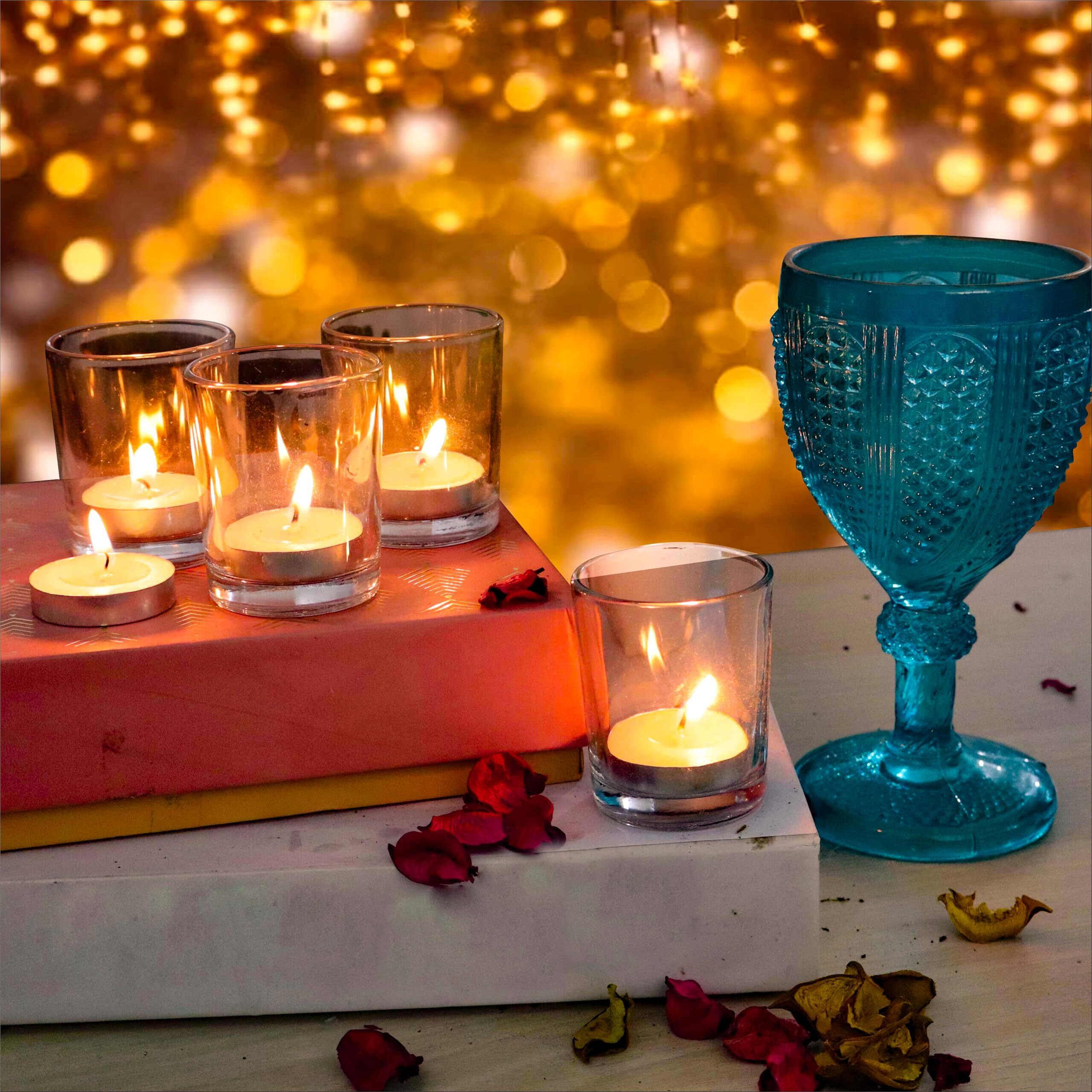 Pure Source India Set of 6 Glass Votive Tealight Candle Holders - Living Room Side Table Home Decoration (Glass, Pack of 6, Amber)