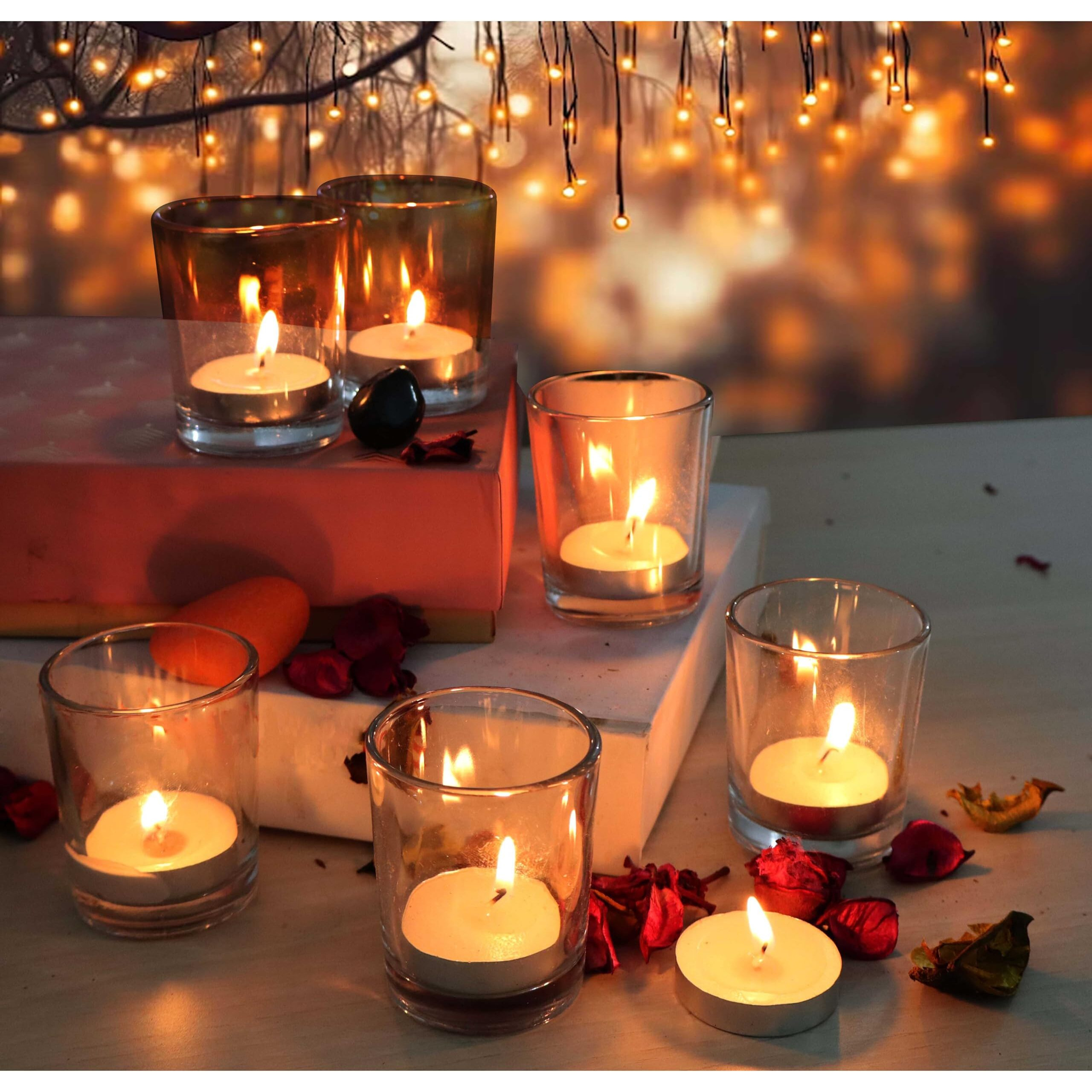 Pure Source India Set of 6 Glass Votive Tealight Candle Holders - Living Room Side Table Home Decoration (Glass, Pack of 6, Amber)