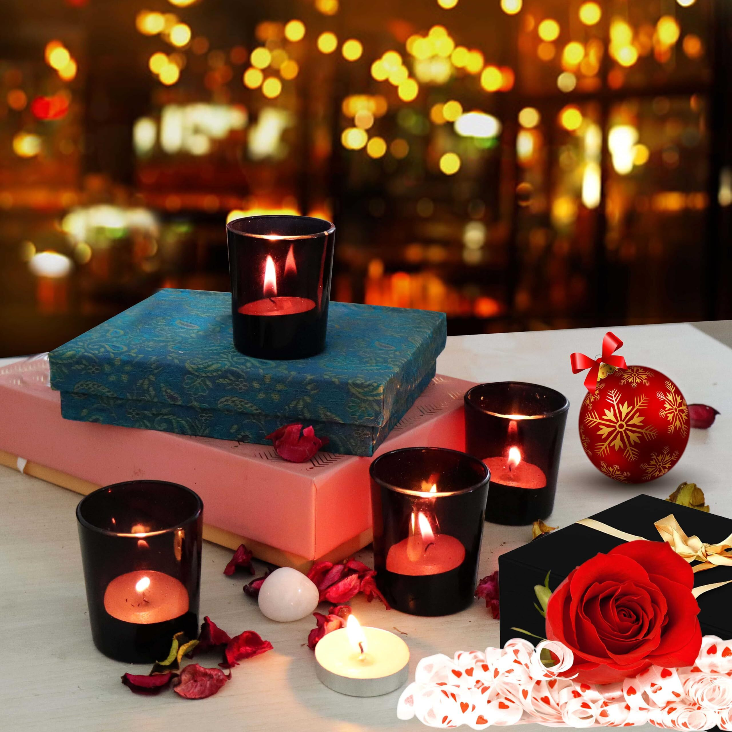 Pure Source India Set of 6 Glass Votive Tealight Candle Holders - Living Room Side Table Home Decoration (Glass, Pack of 6, Black)