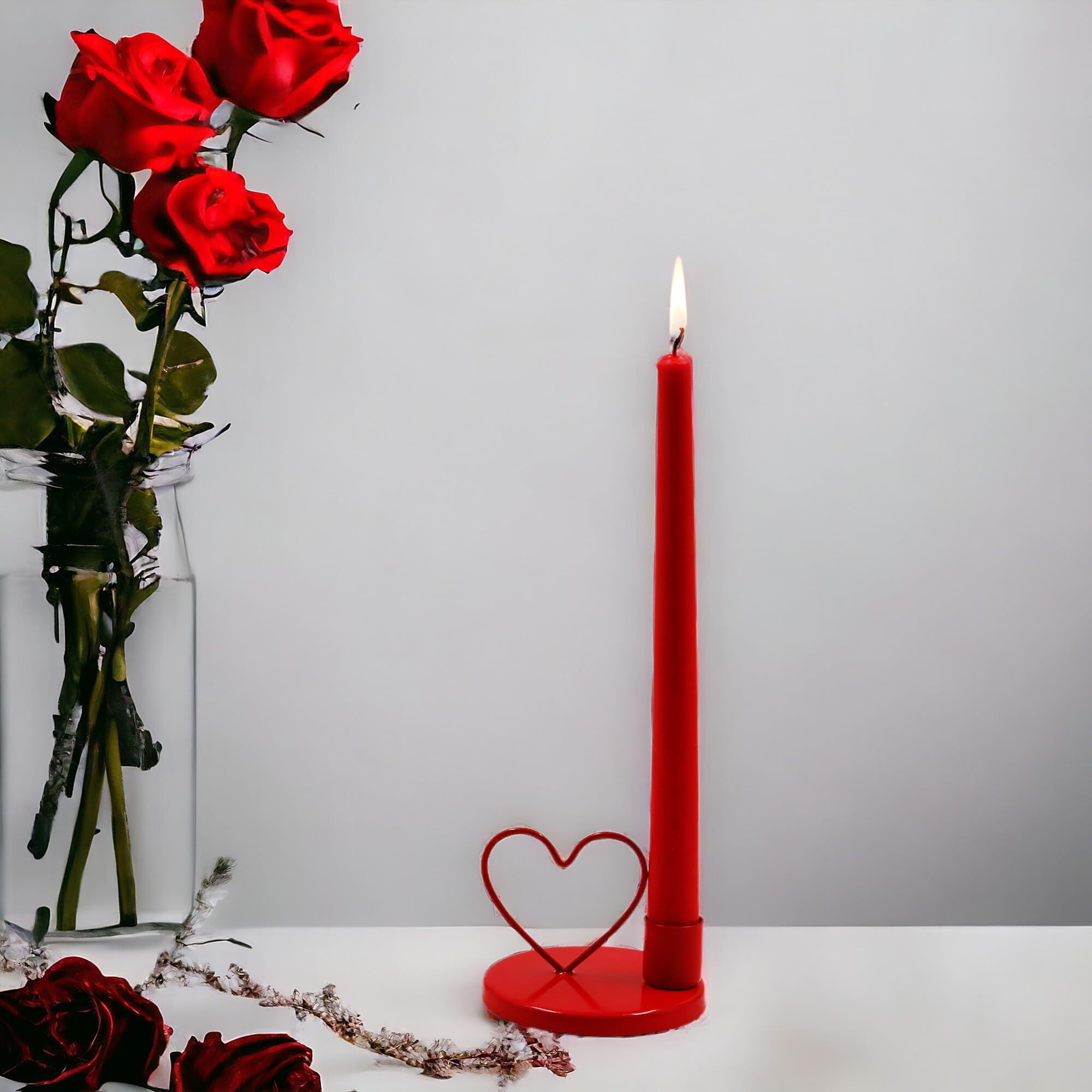 HOSLEY Set of 1 Heart Shape Iron Taper Candle Holder with Set of 4 Apple Cinnamon Fragrance Taper Candles 10 Inch Long|9 Hours Burn Time|Valentine Week Combo for Girlfriend,Wife,Girls,Women,Men