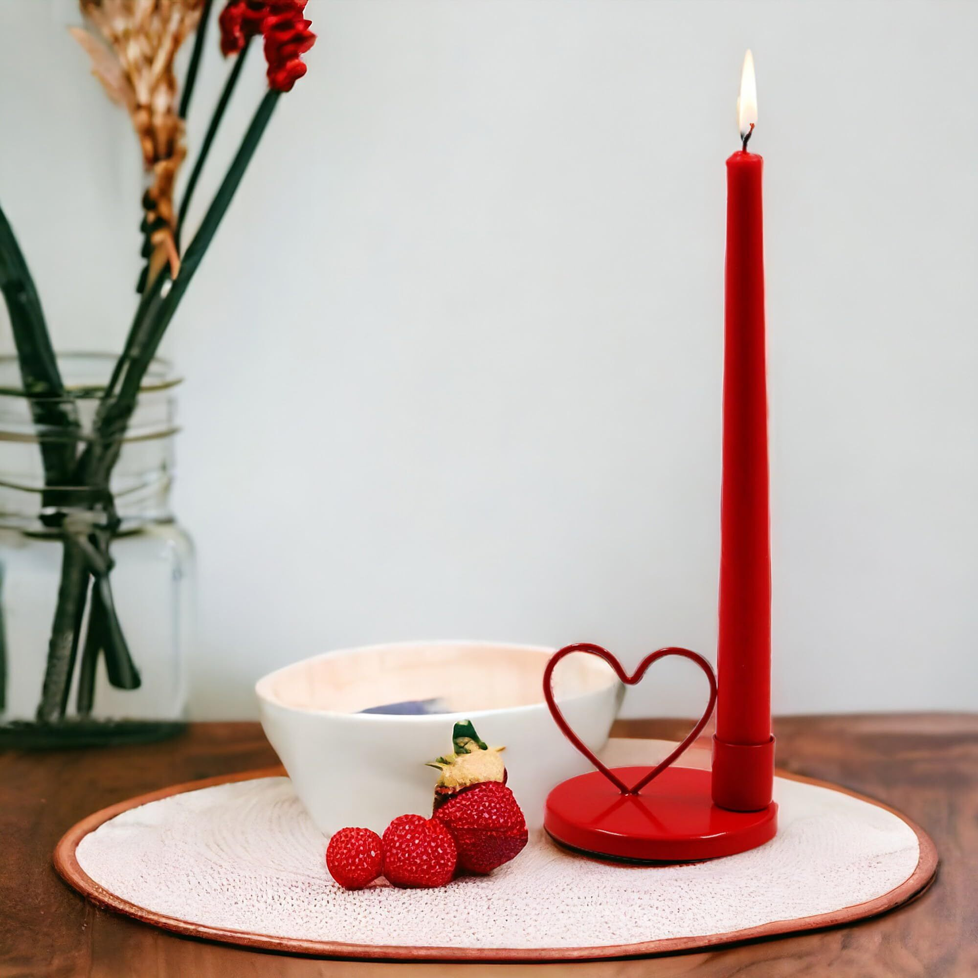 HOSLEY Set of 1 Heart Shape Iron Taper Candle Holder with Set of 4 Apple Cinnamon Fragrance Taper Candles 10 Inch Long|9 Hours Burn Time|Valentine Week Combo for Girlfriend,Wife,Girls,Women,Men
