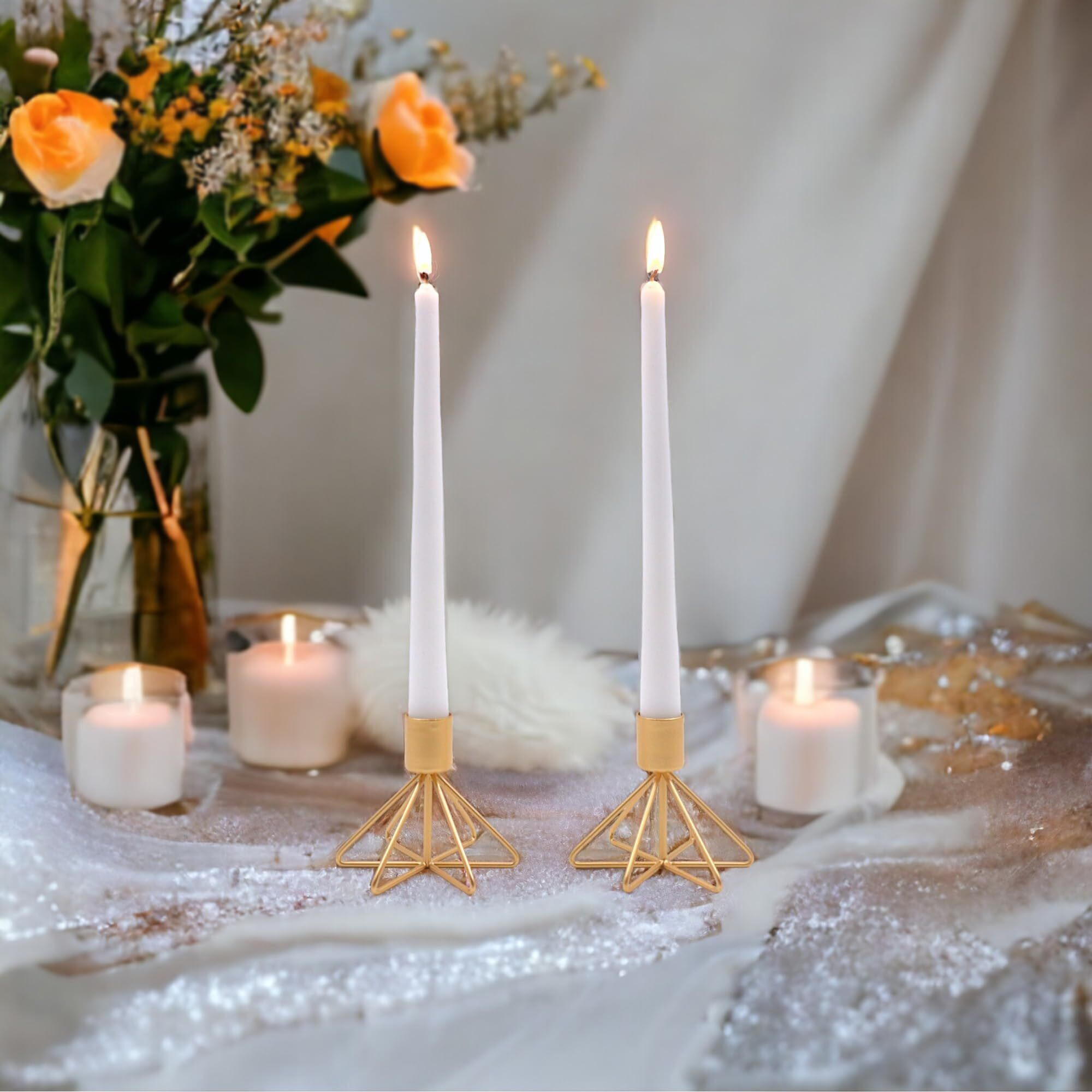 HOSLEY Metal Taper Candle Holders| Gold Candle Holders Table Centerpiece|Candle Stand|Perfect for Home Decor Wedding Dining Parties Living Room Bedroom| Pack of 2 with Pack of 4 Taper Candles