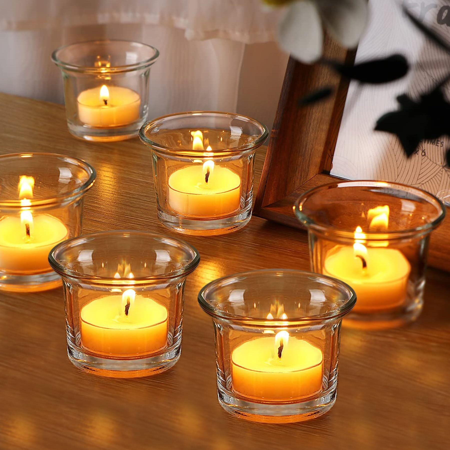 TIED RIBBONS Set of 6 Votive Glass Tealight Candle Holders Glass Votive - Decorations Items for Dining Table Home Decor and Gifts (Glass, Clear, 6.3 Cm X 4.5 Cm)