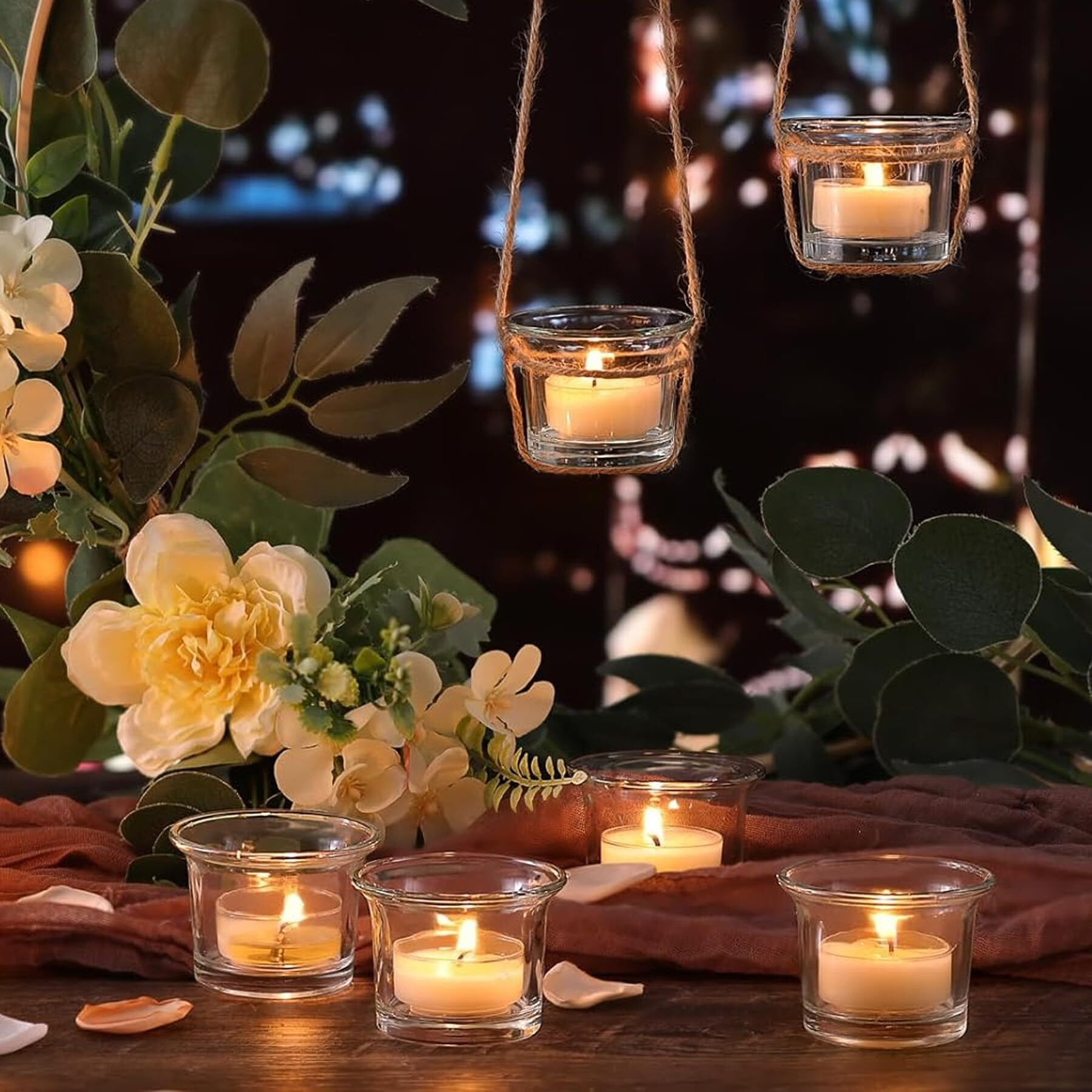 TIED RIBBONS Set of 6 Votive Glass Tealight Candle Holders Glass Votive - Decorations Items for Dining Table Home Decor and Gifts (Glass, Clear, 6.3 Cm X 4.5 Cm)