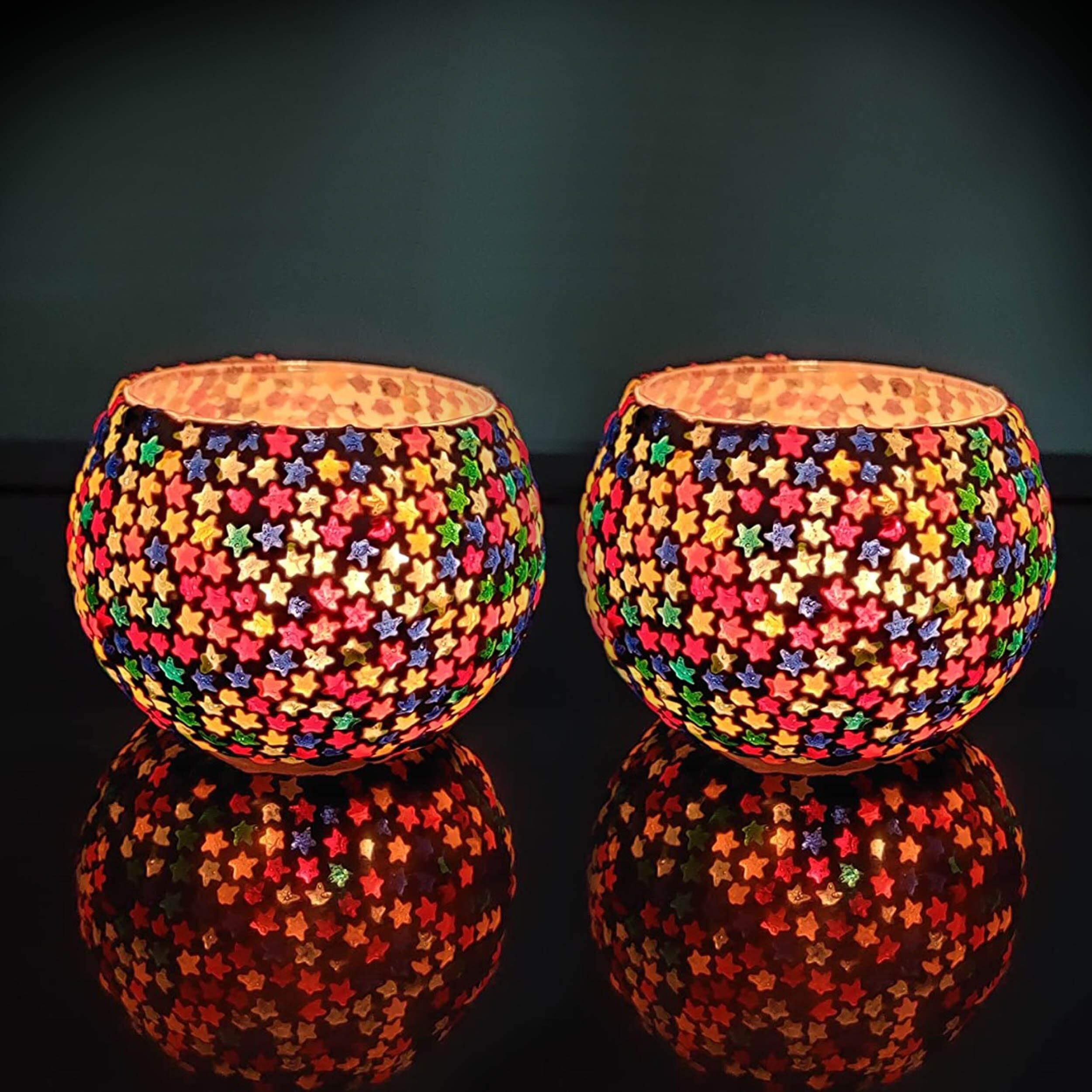 TIED RIBBONS Pack of 2 Turkish Mosaic Glass Votive Tealight Candle Holders - Decorations Items for Table Home Decor Office Gifts (Glass, Multi Color)