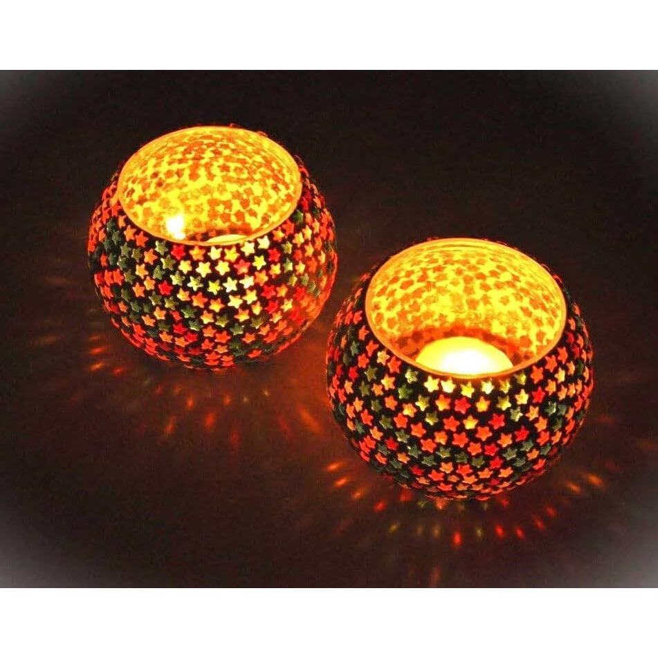 TIED RIBBONS Pack of 2 Turkish Mosaic Glass Votive Tealight Candle Holders - Decorations Items for Table Home Decor Office Gifts (Glass, Multi Color)