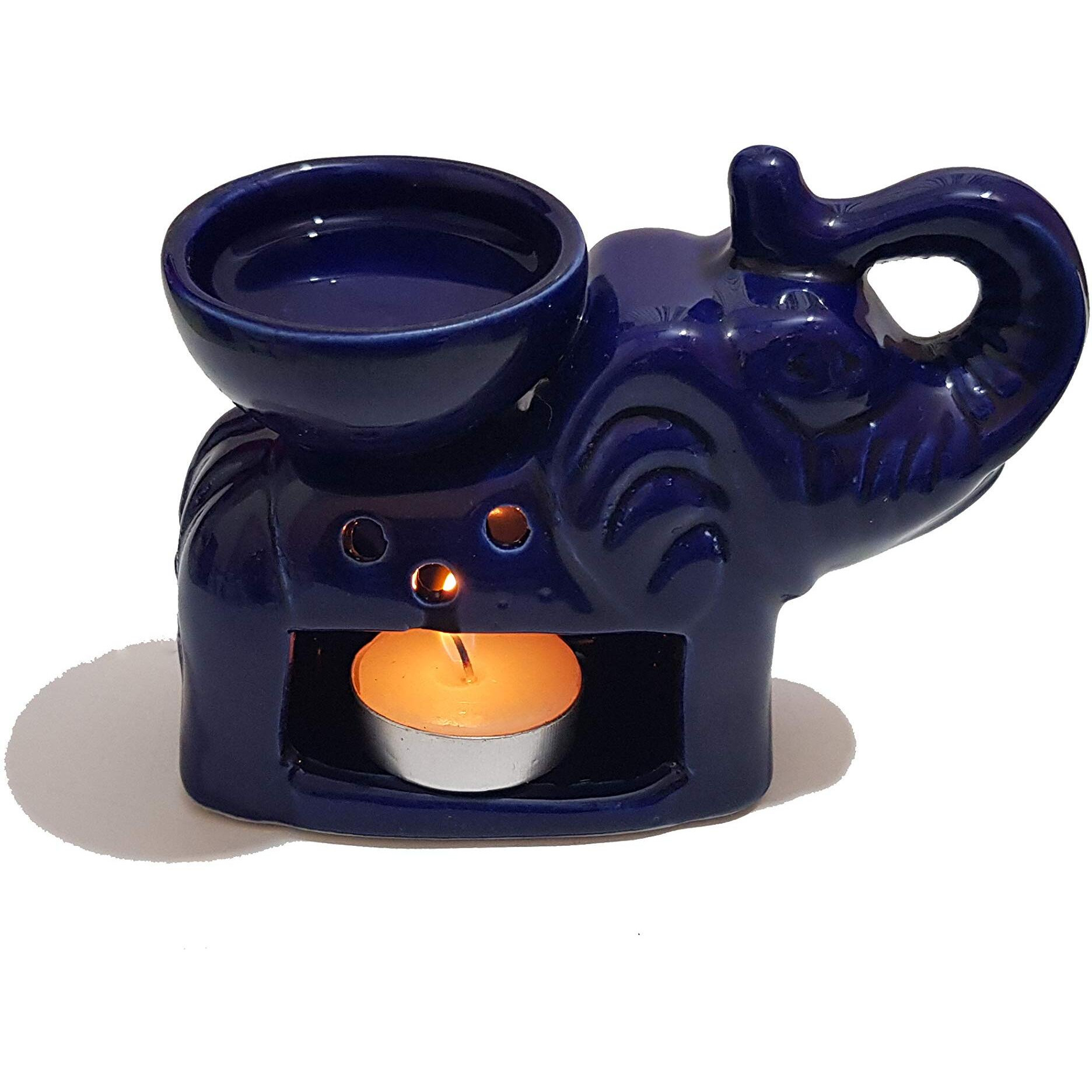 Pure Source India Ceramic Oil Burner with 1 Candle The Best Option to Use It in Your House If You Love Aroma, Blue, 5 x 2.5 x 4 Inch (PSIAELFTBLUE1TLT)