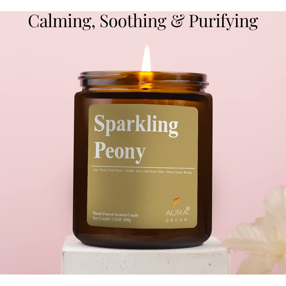 AuraDecor Scented Soy Wax Amber Jar Candle, Organic Luxury Aroma, Aromatic/Aromatherapy Votive Candle || Burning Time upto 30 hours (Sparkling Peony, Extra Large)