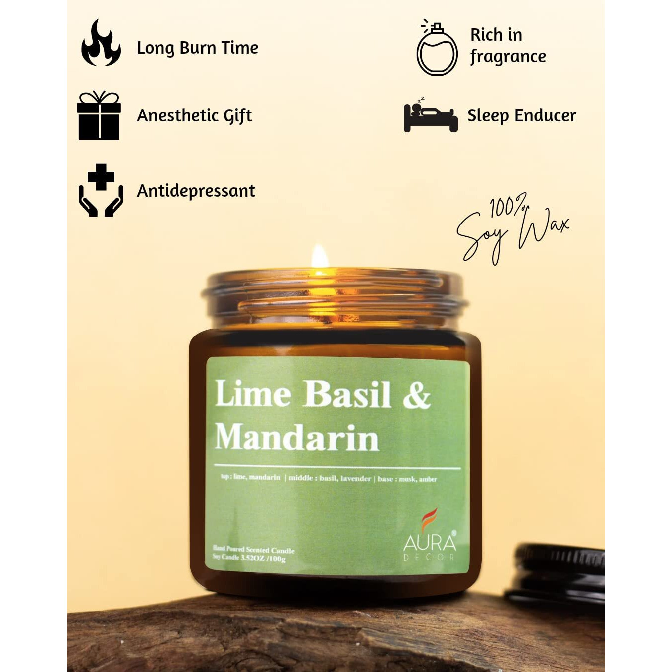AuraDecor Scented Soy Wax Amber Jar Candle, Organic Luxury Aroma, Aromatic/Aromatherapy Votive Candle || Burning Time Upto 30 Hours (Lime Basil & Mandarin, Large)