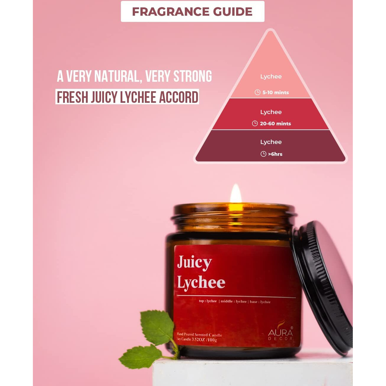 AuraDecor Scented Soy Wax Amber Jar Candle, Organic Luxury Aroma, Aromatic/Aromatherapy Votive Candle || Burning Time upto 30 hours (Juicy Lychee, Large)