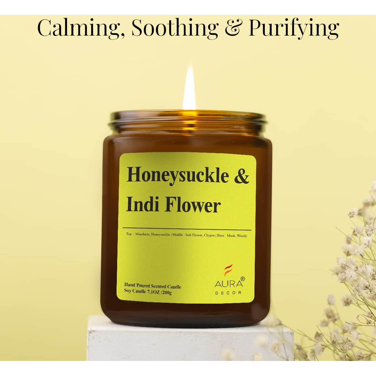 AuraDecor Scented Soy Wax Amber Jar Candle, Organic Luxury Aroma, Aromatic/Aromatherapy Votive Candle || Burning Time Upto 50 Hours (Honey Suckle & IndiFlower, Extra Large)