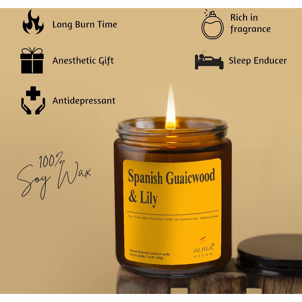 AuraDecor Scented Soy Wax Amber Jar Candle, Organic Luxury Aroma, Aromatic/Aromatherapy Votive Candle || Burning Time upto 50 hours (Spanish Guaicwood & Lily, Extra Large)