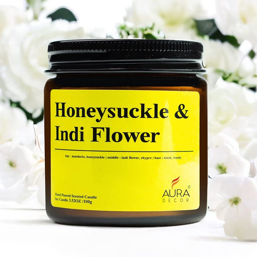AuraDecor Scented Soy Wax Amber Jar Candle, Organic Luxury Aroma, Aromatic/Aromatherapy Votive Candle || Burning Time upto 30 hours (Honey Suckle & IndiFlower, Large)