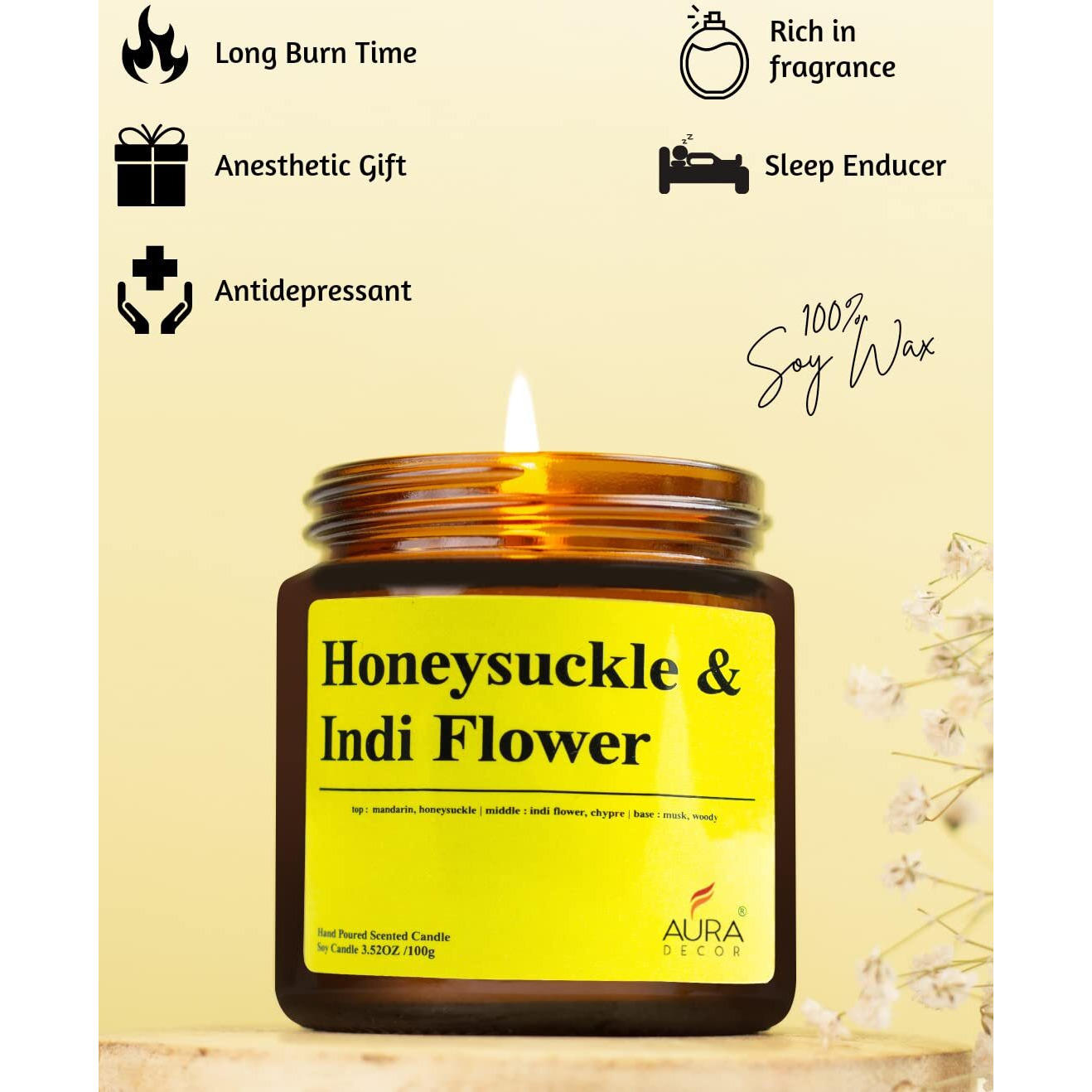 AuraDecor Scented Soy Wax Amber Jar Candle, Organic Luxury Aroma, Aromatic/Aromatherapy Votive Candle || Burning Time upto 30 hours (Honey Suckle & IndiFlower, Large)