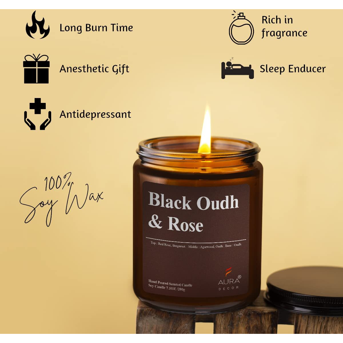 AuraDecor Scented Soy Wax Amber Jar Candle, Organic Luxury Aroma, Aromatic/Aromatherapy Votive Candle || Burning Time upto 50 hours (Black Oudh & Rose, Extra Large)