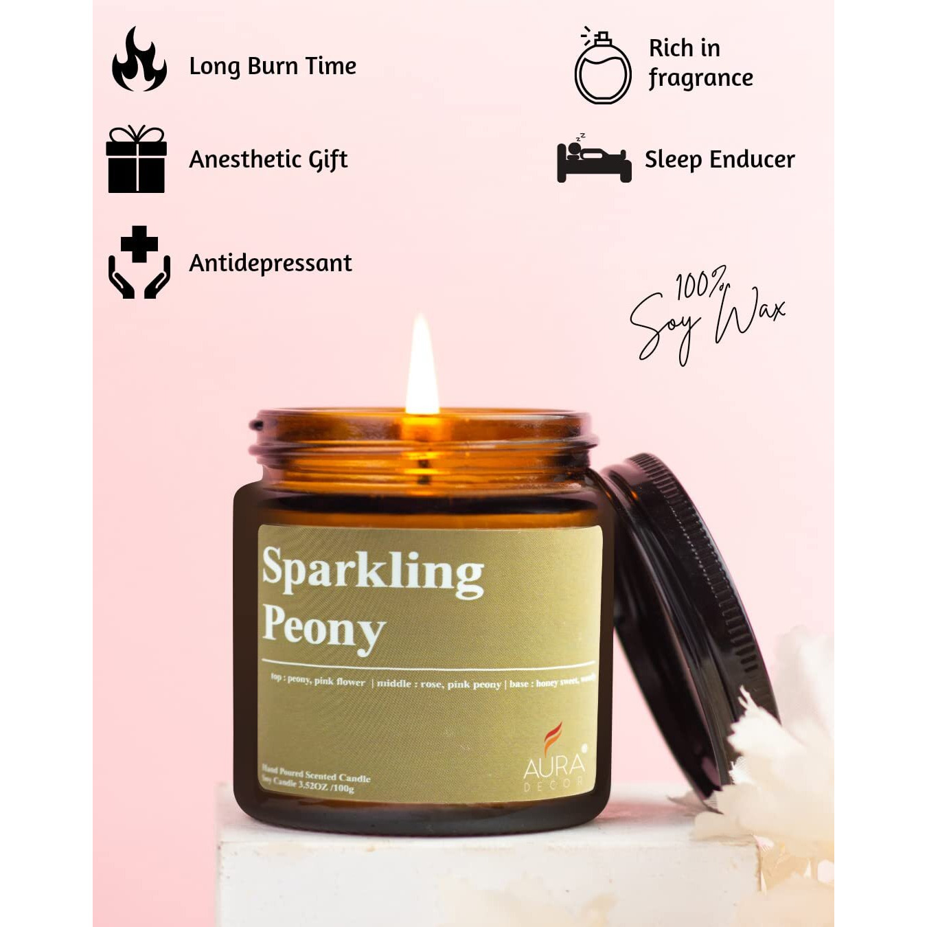 AuraDecor Scented Soy Wax Amber Jar Candle, Organic Luxury Aroma, Aromatic/Aromatherapy Votive Candle || Burning Time upto 30 hours (Sparkling Peony, Large)