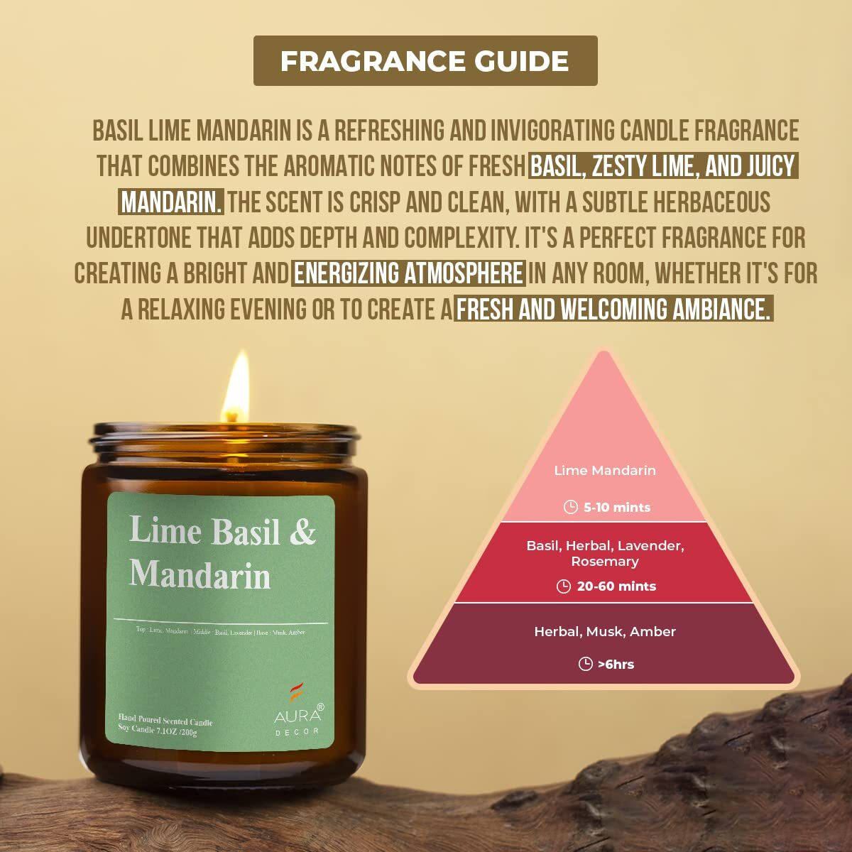 AuraDecor Scented Soy Wax Amber Jar Candle, Organic Luxury Aroma, Aromatic/Aromatherapy Votive Candle || Burning Time upto 50 hours (Lime Basil & Mandarin, Extra Large)