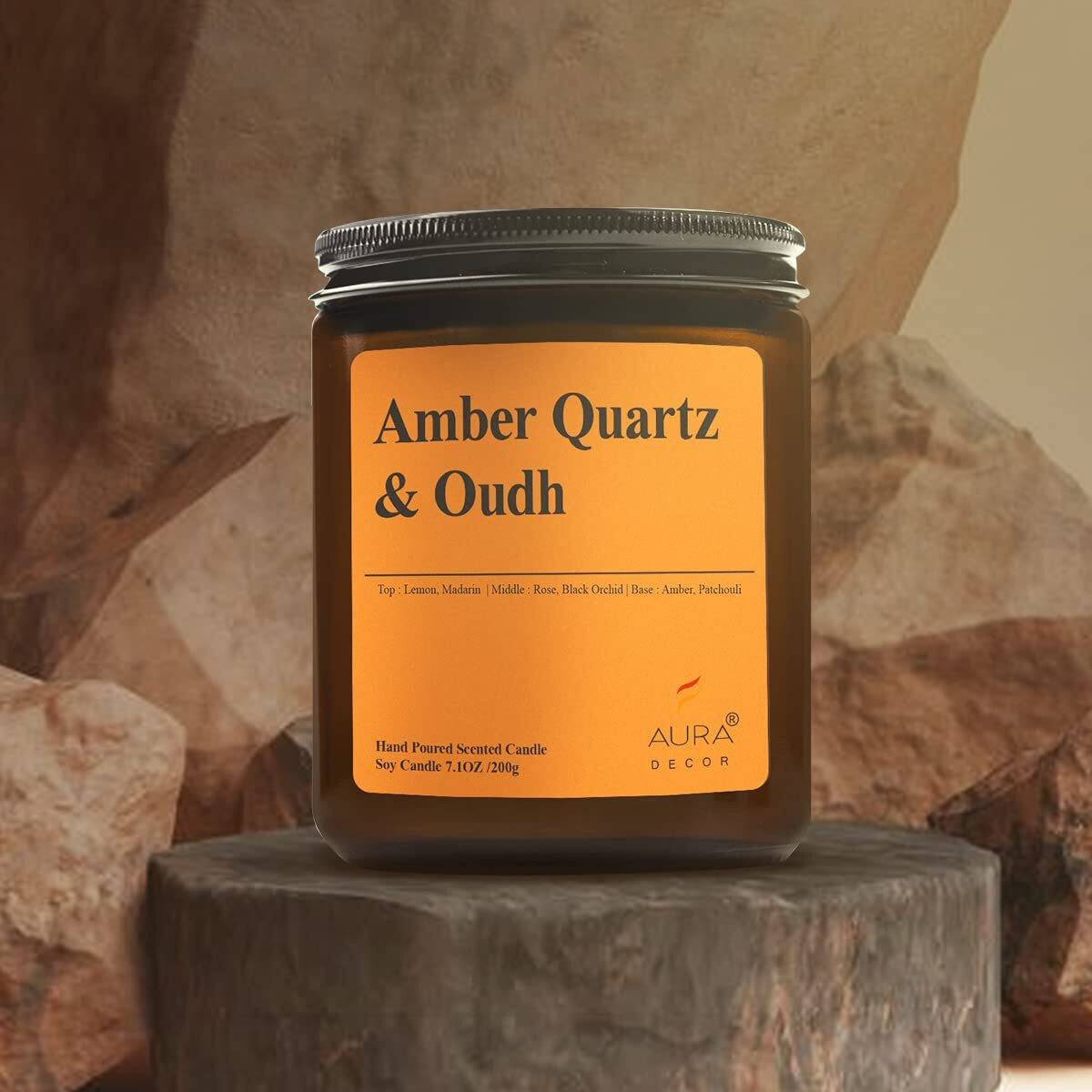 AuraDecor Scented Soy Wax Amber Jar Candle, Organic Luxury Aroma, Aromatic/Aromatherapy Votive Candle || Burning Time upto 30 hours (Amber Quartz & Oudh, Extra Large)