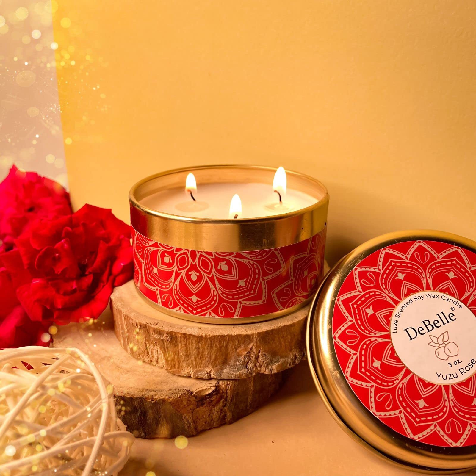 DeBelle Luxe Scented Soy Wax Candle - Yuzu Rose | Upto 14 Hours| Best Gift, Decoration, Celebration, | Floral Scented Candles | Reusable Tin