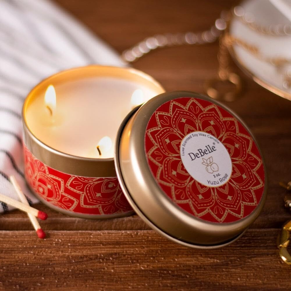 DeBelle Luxe Scented Soy Wax Candle - Yuzu Rose | Upto 14 Hours| Best Gift, Decoration, Celebration, | Floral Scented Candles | Reusable Tin