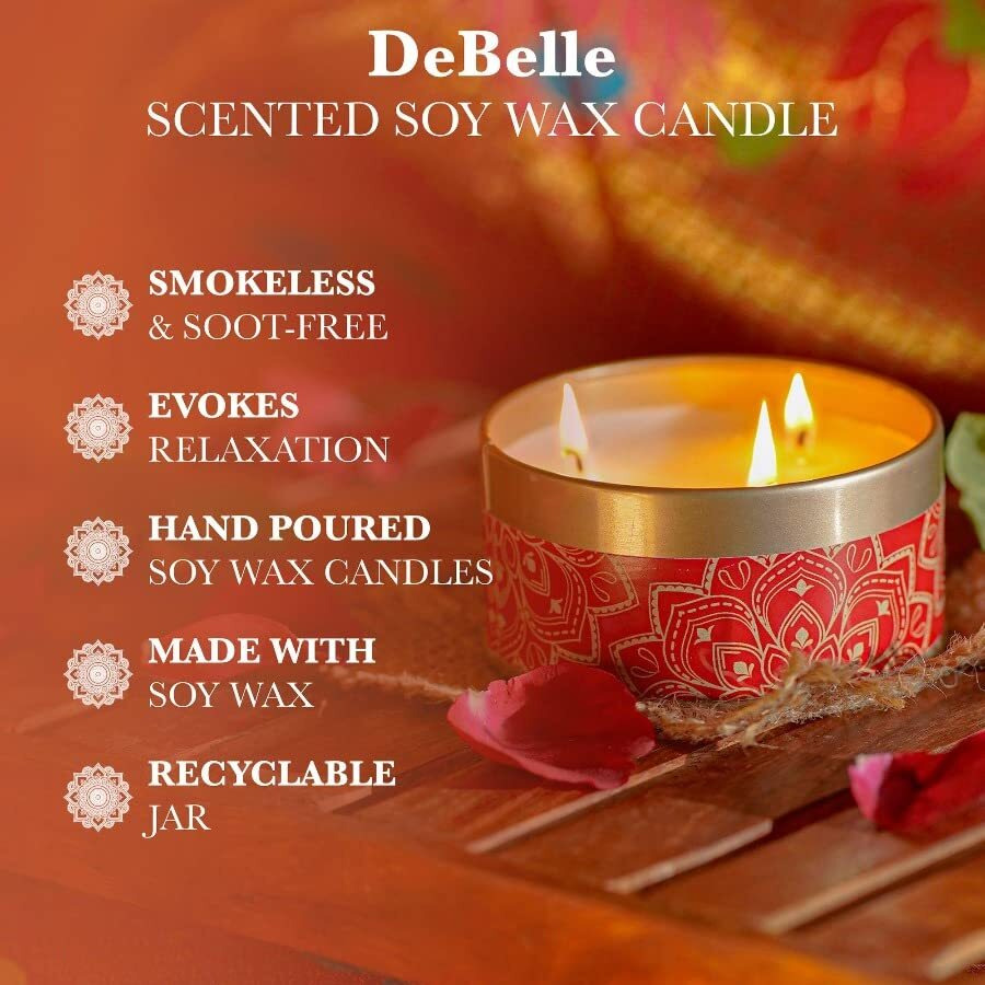 DeBelle Luxe Scented Soy Wax Candle - Yuzu Rose | Upto 14 Hours| Best Gift, Decoration, Celebration, | Floral Scented Candles | Reusable Tin
