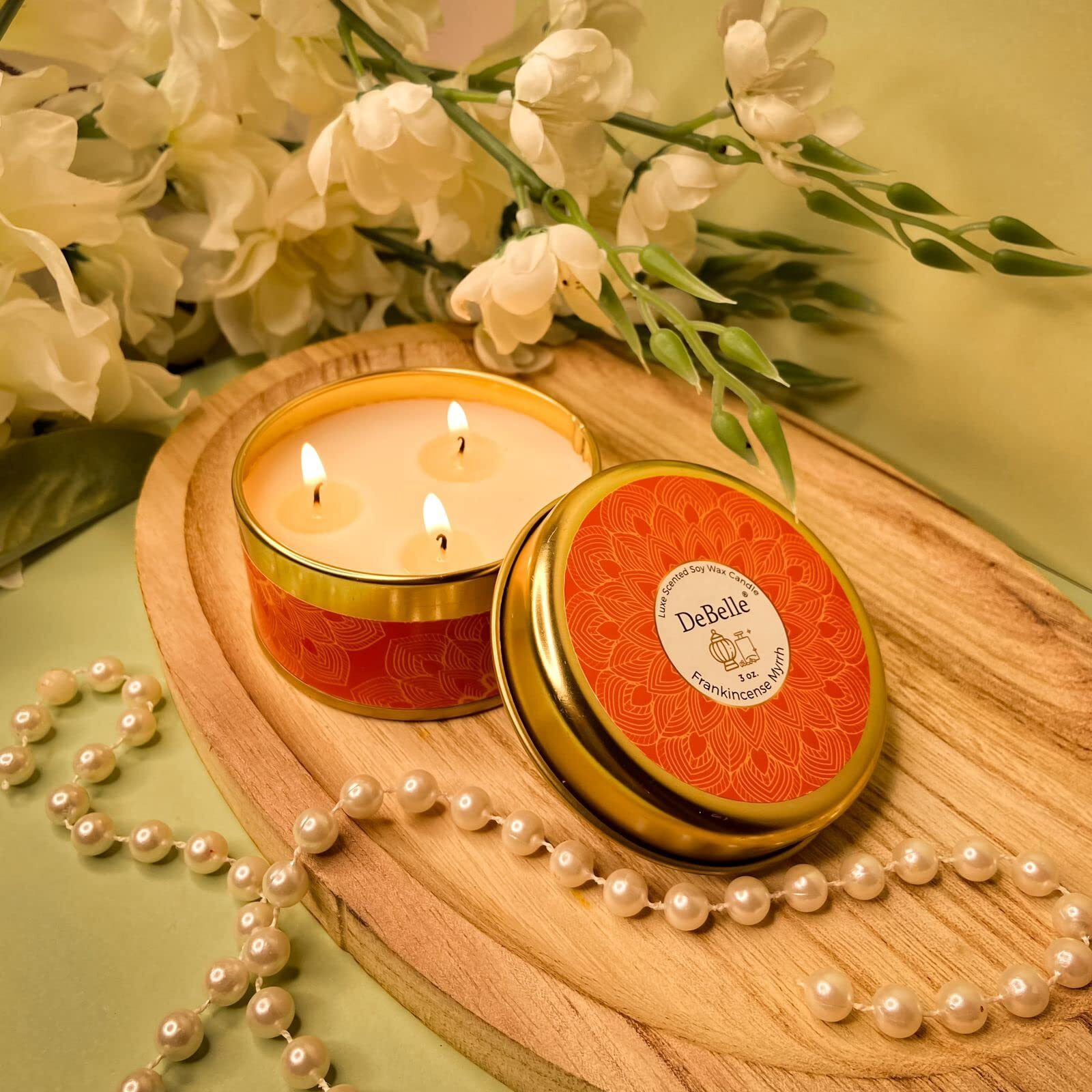 DeBelle Luxe Scented Soy Wax Candle - Frankincense Myrrh | Upto 14 Hours| Best Gift, Decoration, Celebration | Fresh| Reusable Tin| Travel Friendly Scented Candle