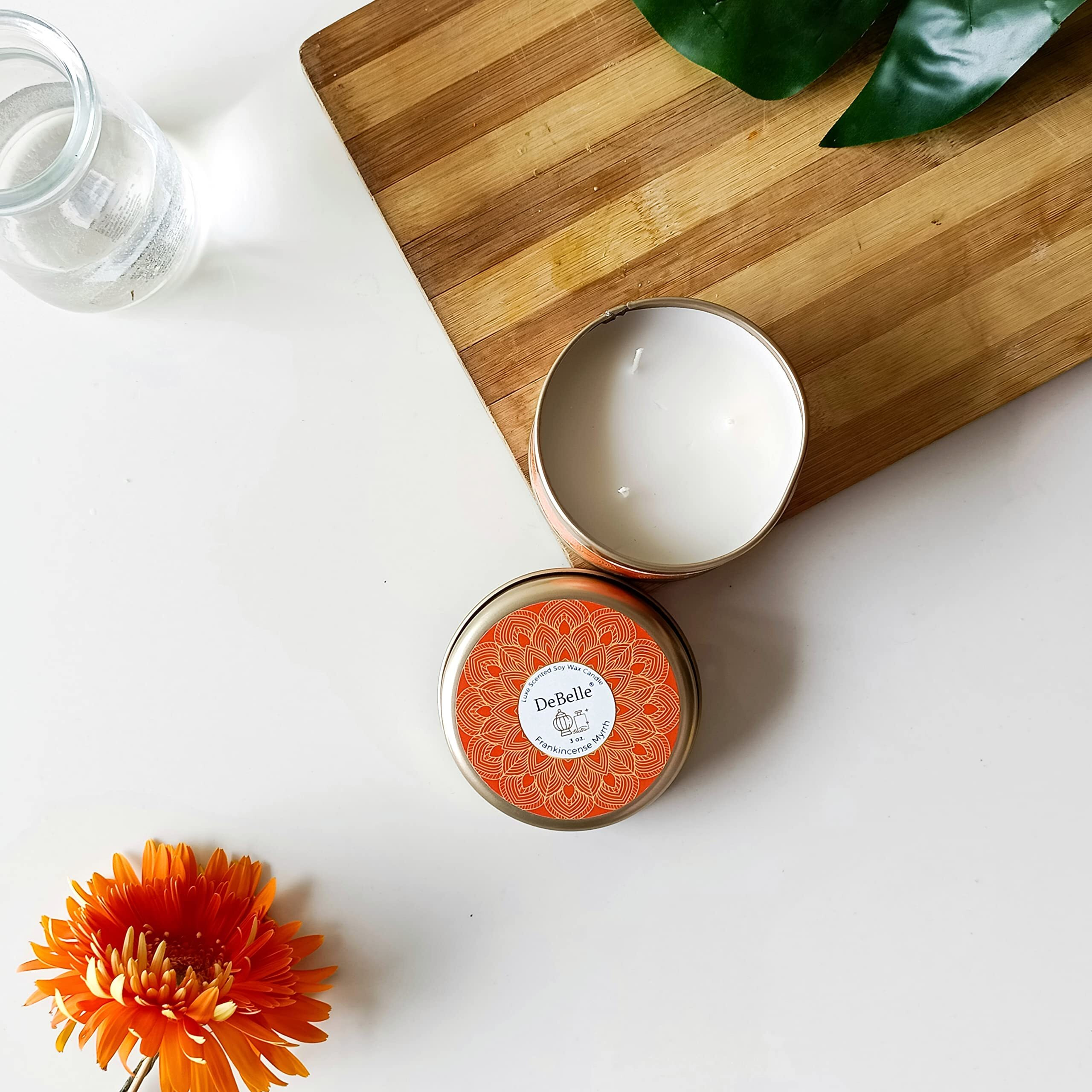 DeBelle Luxe Scented Soy Wax Candle - Frankincense Myrrh | Upto 14 Hours| Best Gift, Decoration, Celebration | Fresh| Reusable Tin| Travel Friendly Scented Candle