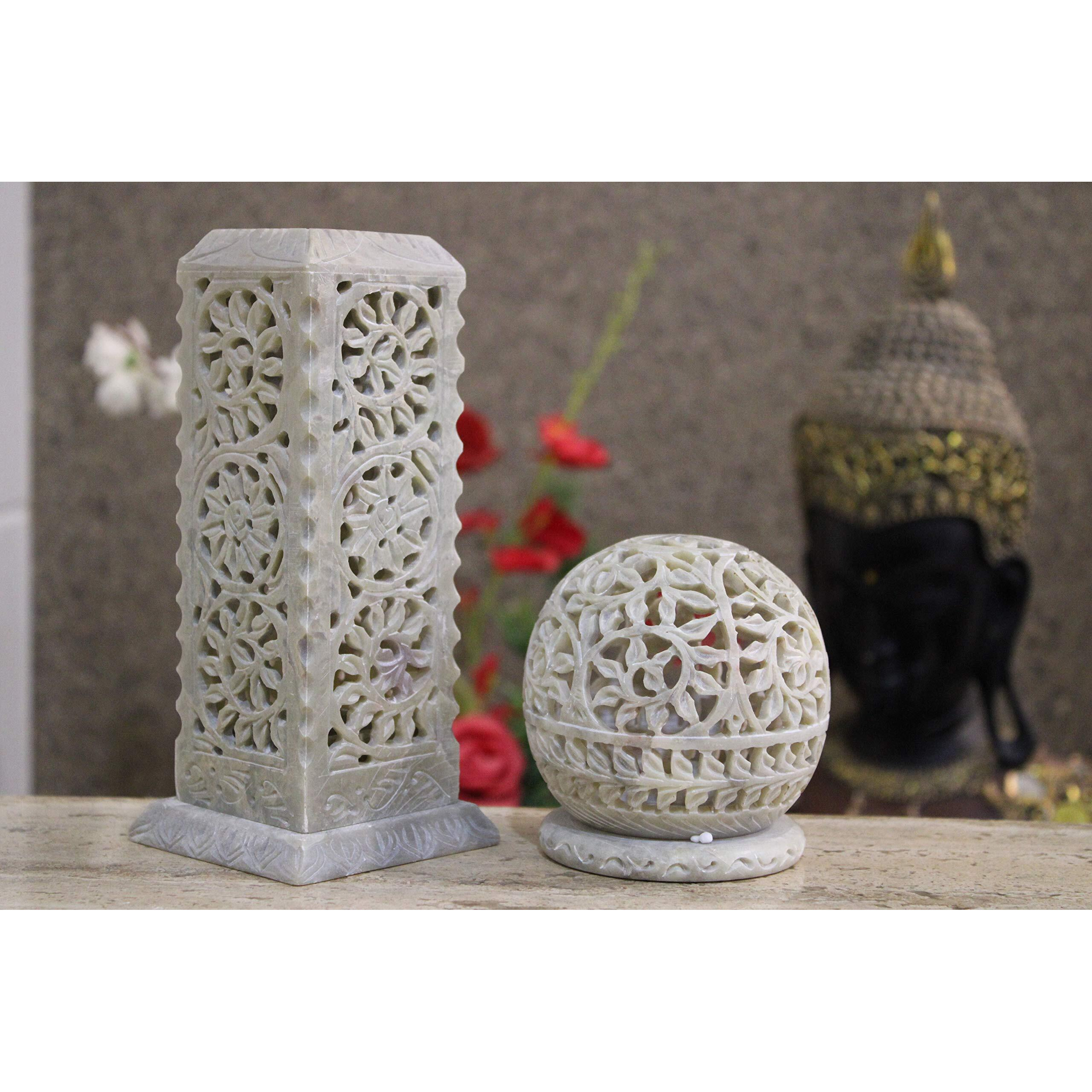 KC KULLICRAFT Combo of Handcrafted Floral Carving Soapstone Marble Incense Agarbati Stand Holder for Puja and Round Tea Light Candle Holder (1 Incense Holder 6 Inch + 1 Round Tea Light Holder)