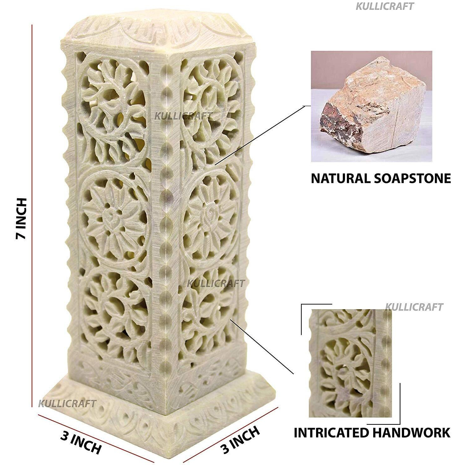 KC KULLICRAFT Combo of Handcrafted Floral Carving Soapstone Marble Incense Agarbati Stand Holder for Puja and Round Tea Light Candle Holder (1 Incense Holder 6 Inch + 1 Round Tea Light Holder)