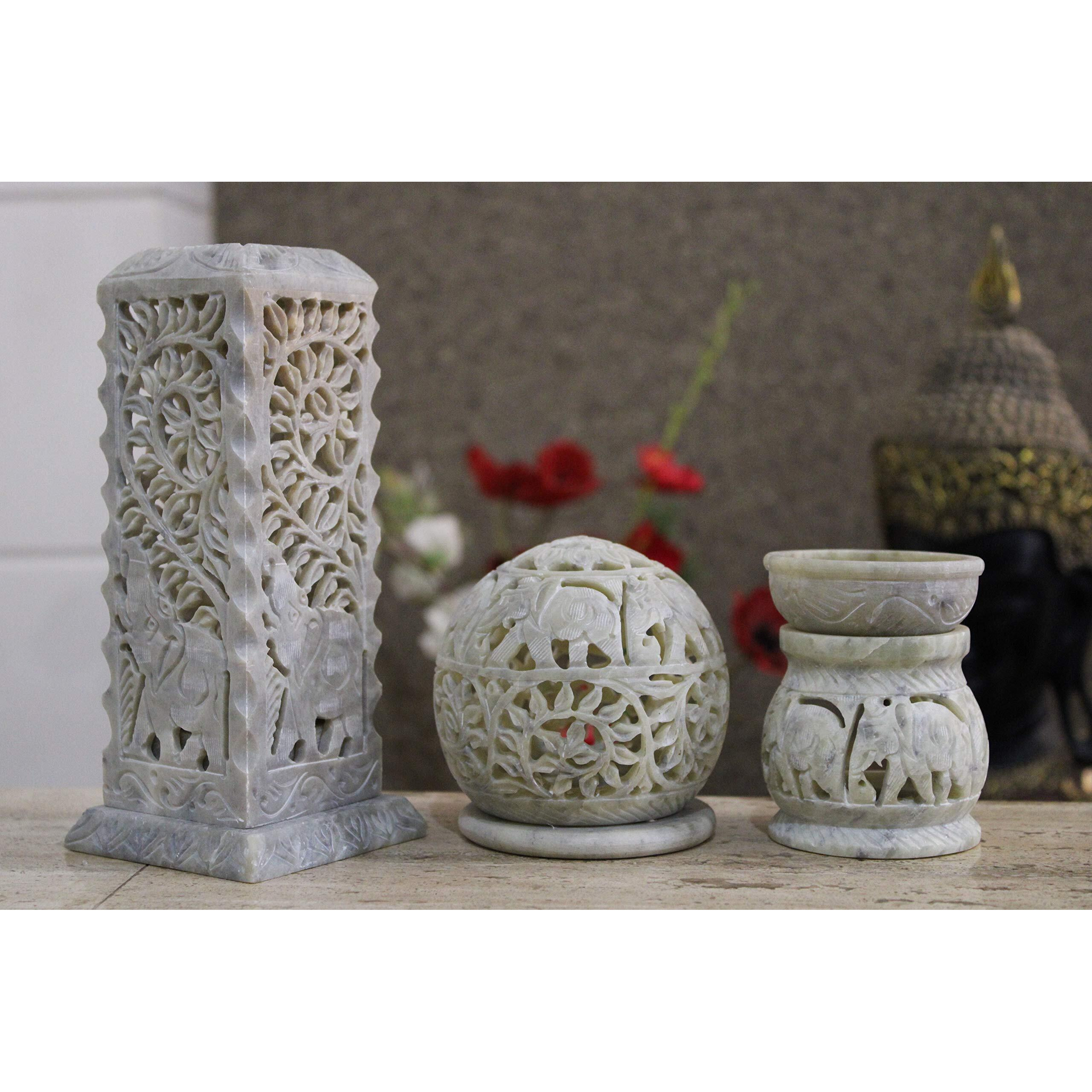 KC KULLICRAFT Combo Elephant Carving Marble Incense Holder | Elephant Carving Aroma Burner | Round Tea Light Candle Holder (1 Incense Holder 6 Inch + 1 Aroma Burner + 1 Round Tea Ligh Holder)