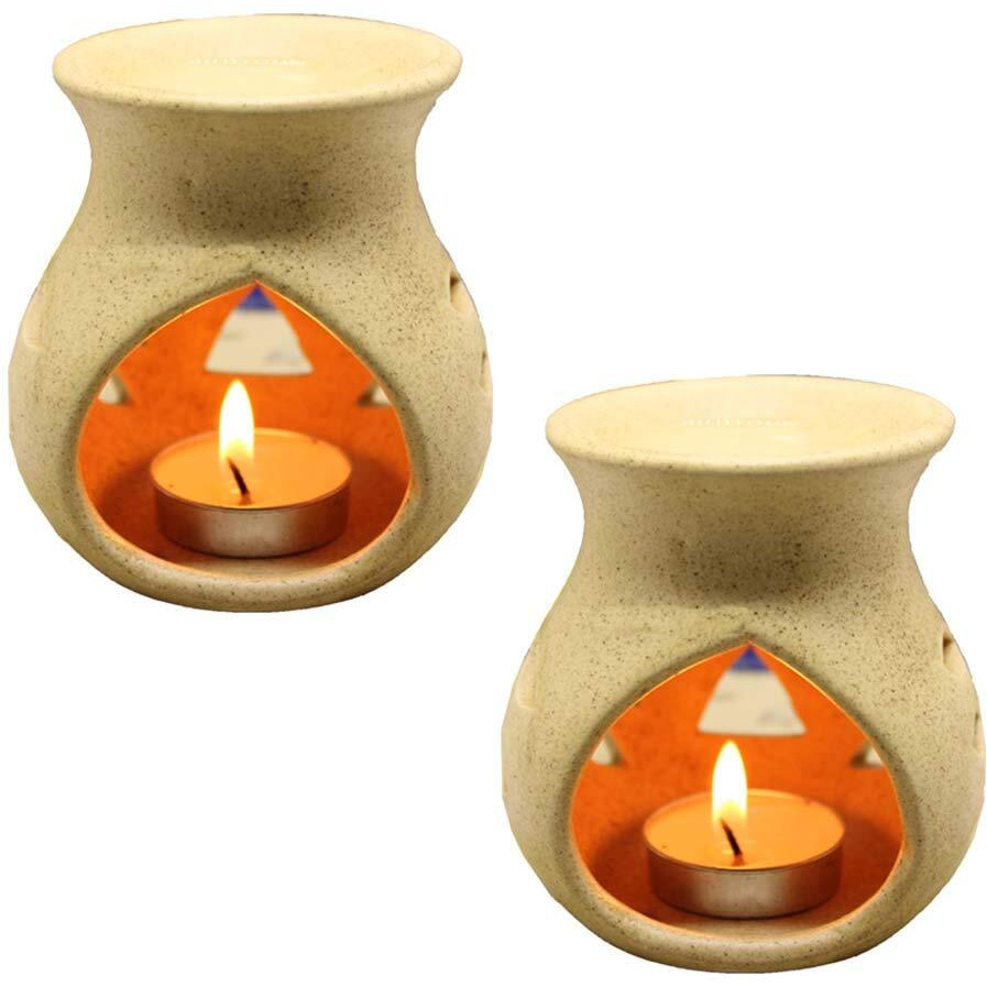 KC Kullicraft Beige Ceramic Aroma Diffuser Oil Burner Clay Lamp Wax Warmer Tea Light Holder for Home Dcor (Free 1 Candle Tea Light) - Pack of 2