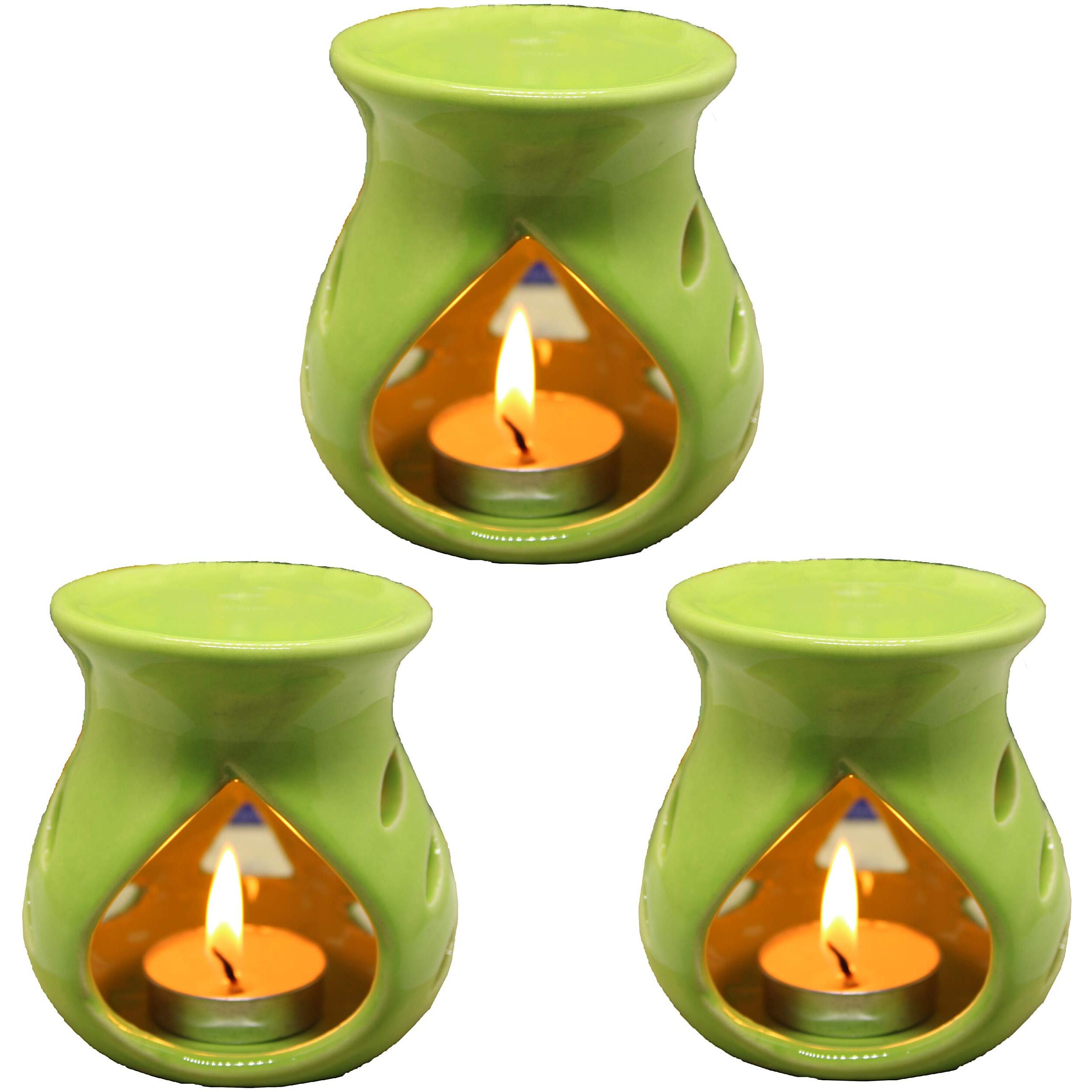 KC Kullicraft Green Ceramic Aroma Diffuser Oil Burner Clay Lamp Wax Warmer Tea Light Holder for Home Dcor (Free 1 Candle Tea Light) - Pack of 3