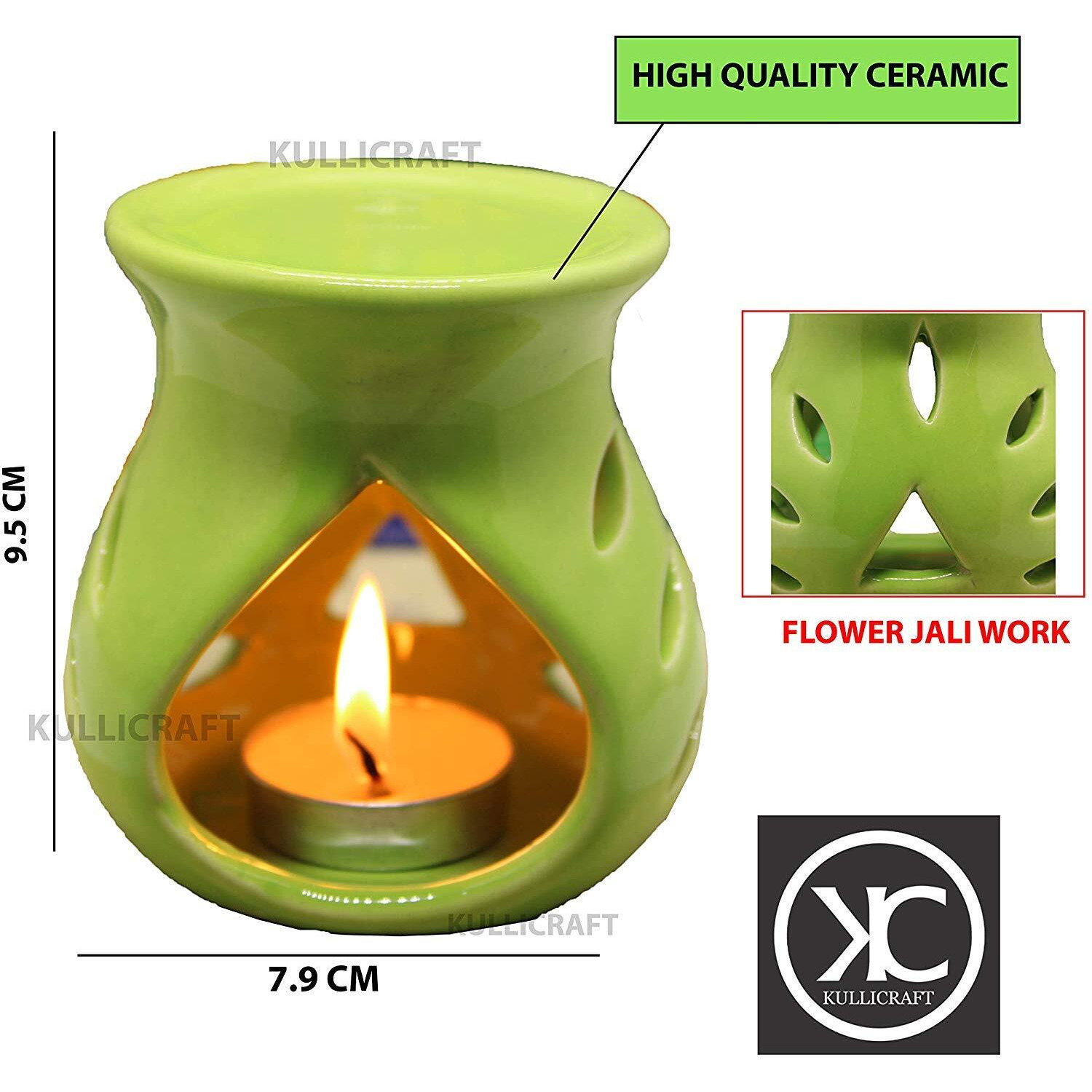 KC Kullicraft Green Ceramic Aroma Diffuser Oil Burner Clay Lamp Wax Warmer Tea Light Holder for Home Dcor (Free 1 Candle Tea Light) - Pack of 3