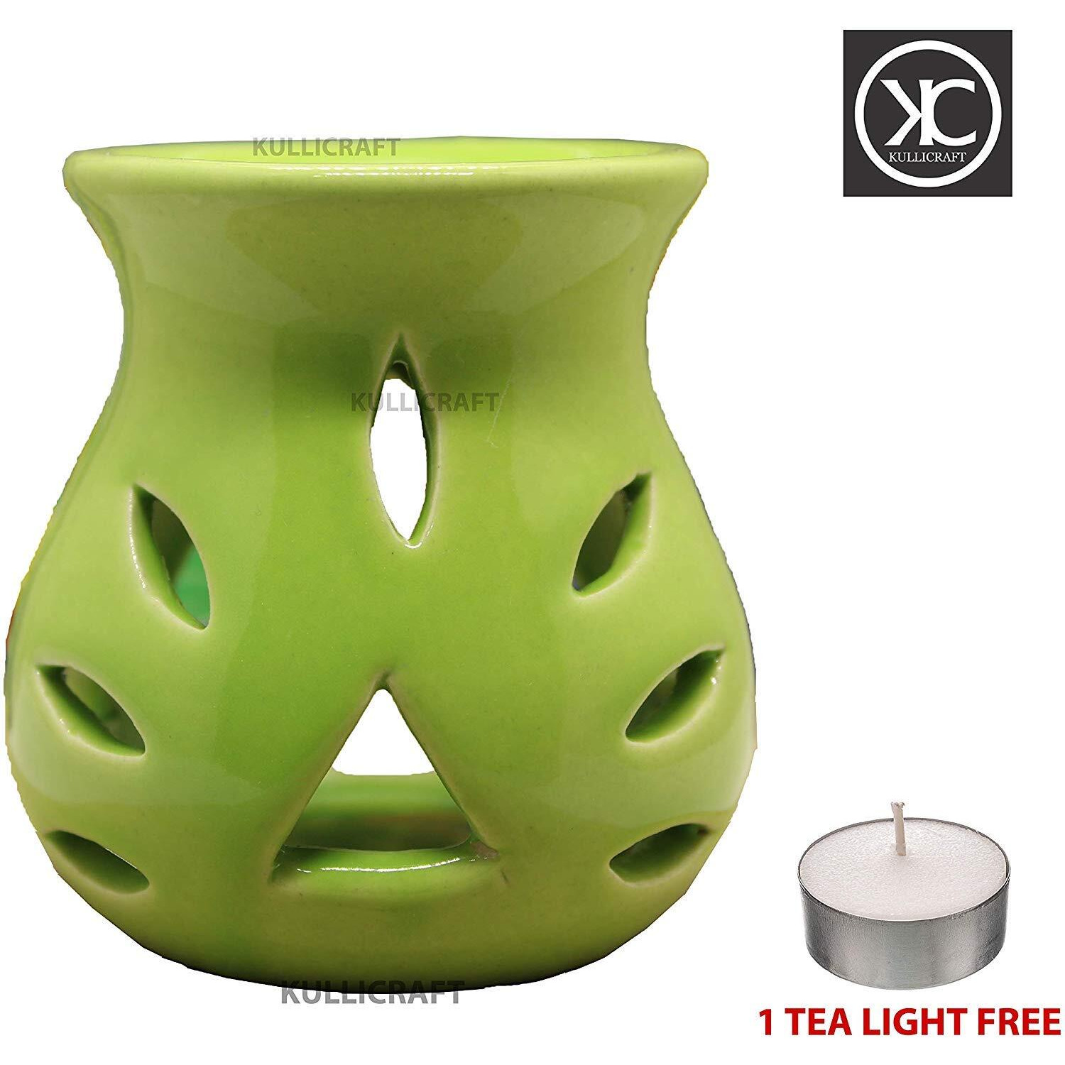 KC Kullicraft Green Ceramic Aroma Diffuser Oil Burner Clay Lamp Wax Warmer Tea Light Holder for Home Dcor (Free 1 Candle Tea Light) - Pack of 3