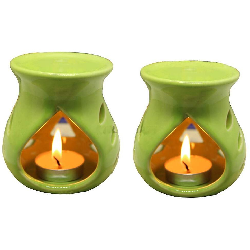 KC Kullicraft Green Ceramic Aroma Diffuser Oil Burner Clay Lamp Wax Warmer Tea Light Holder for Home Dcor (Free 1 Candle Tea Light) - Pack of 2