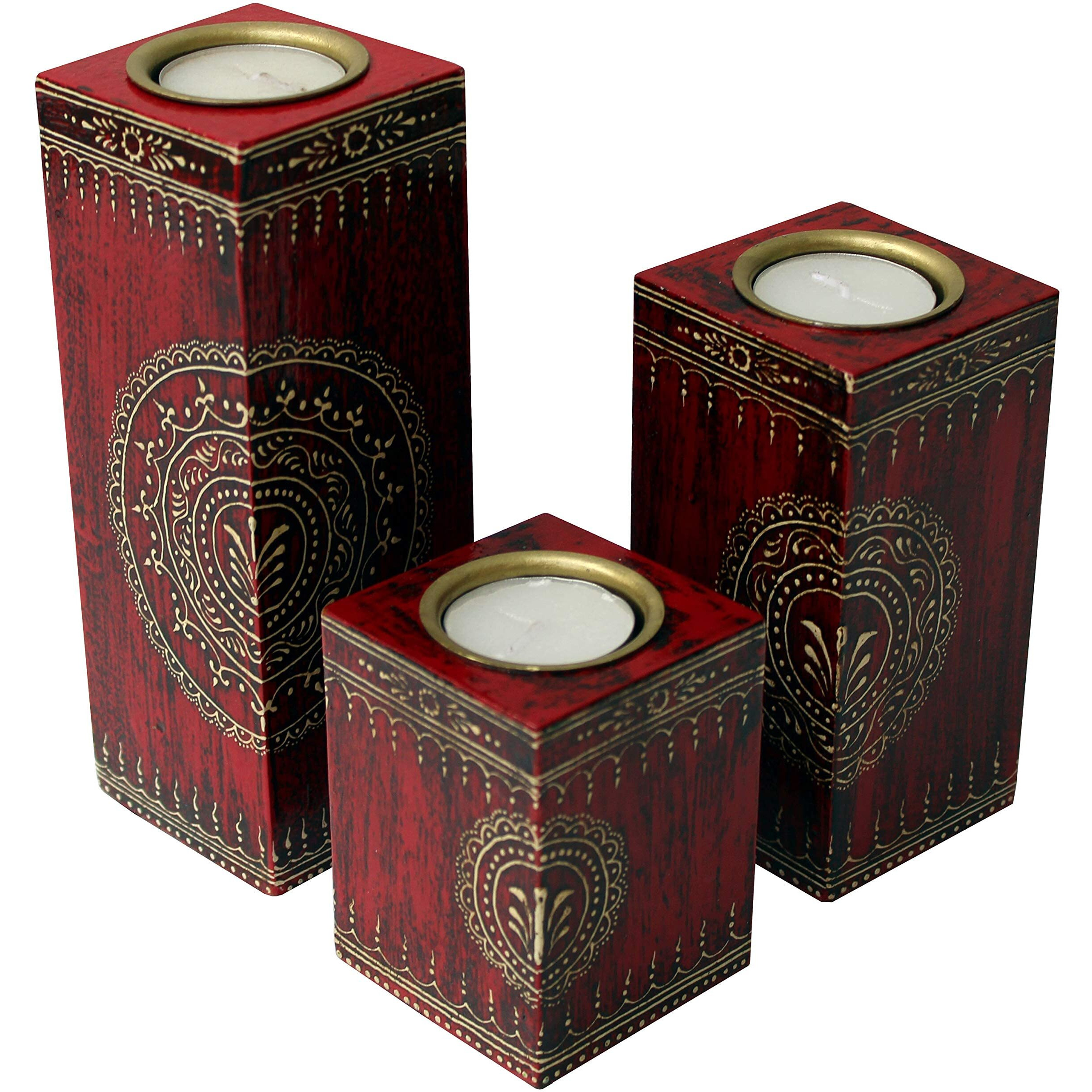 Lamcy Plaza Handmade Wooden Tea Light Candle Holder | Rustic Home Decor | Livingroom | Christmas | New year | Valentine | Anniversaries | Table Top Candle Holder | Set of 3 |