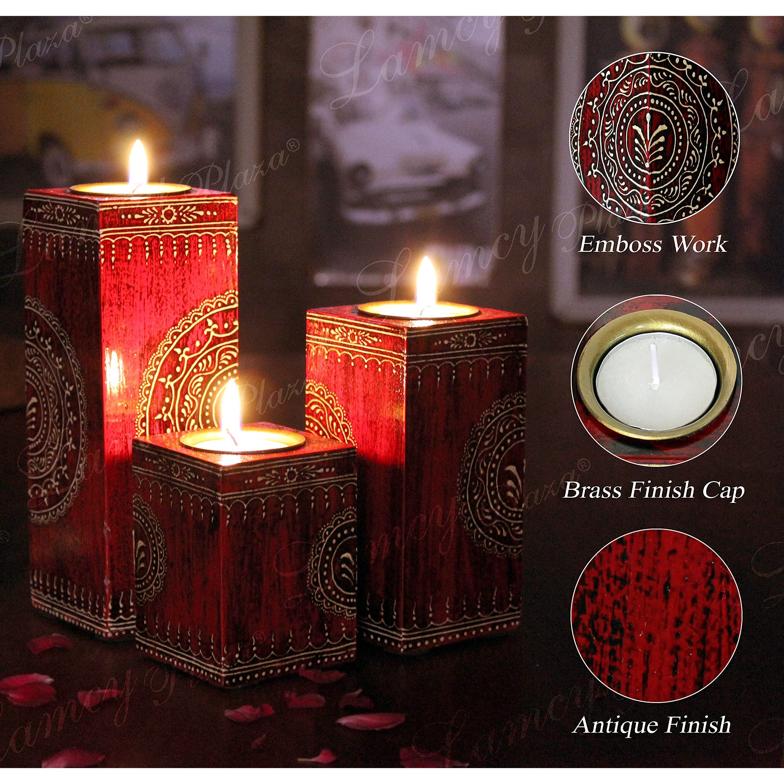 Lamcy Plaza Handmade Wooden Tea Light Candle Holder | Rustic Home Decor | Livingroom | Christmas | New year | Valentine | Anniversaries | Table Top Candle Holder | Set of 3 |