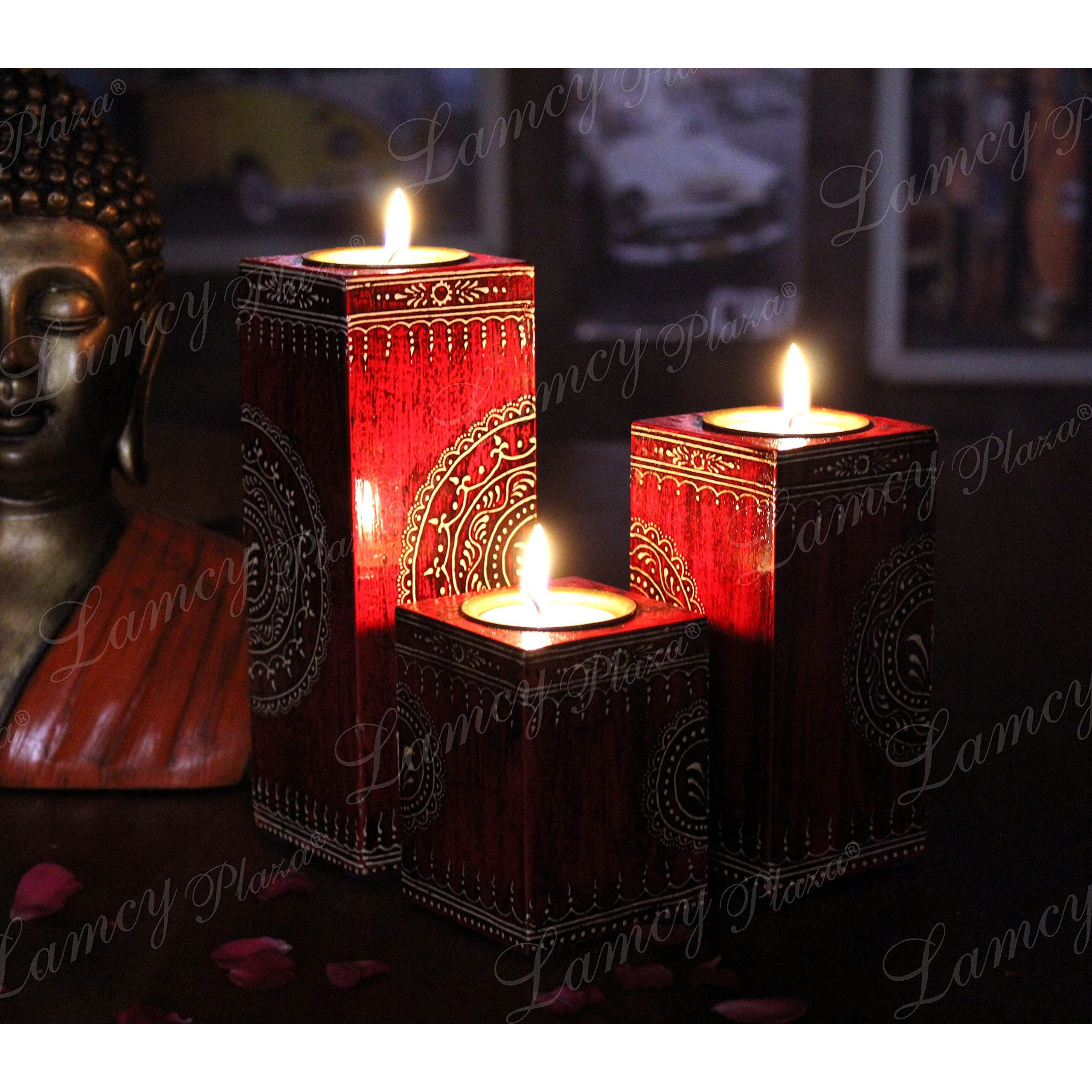 Lamcy Plaza Handmade Wooden Tea Light Candle Holder | Rustic Home Decor | Livingroom | Christmas | New year | Valentine | Anniversaries | Table Top Candle Holder | Set of 3 |
