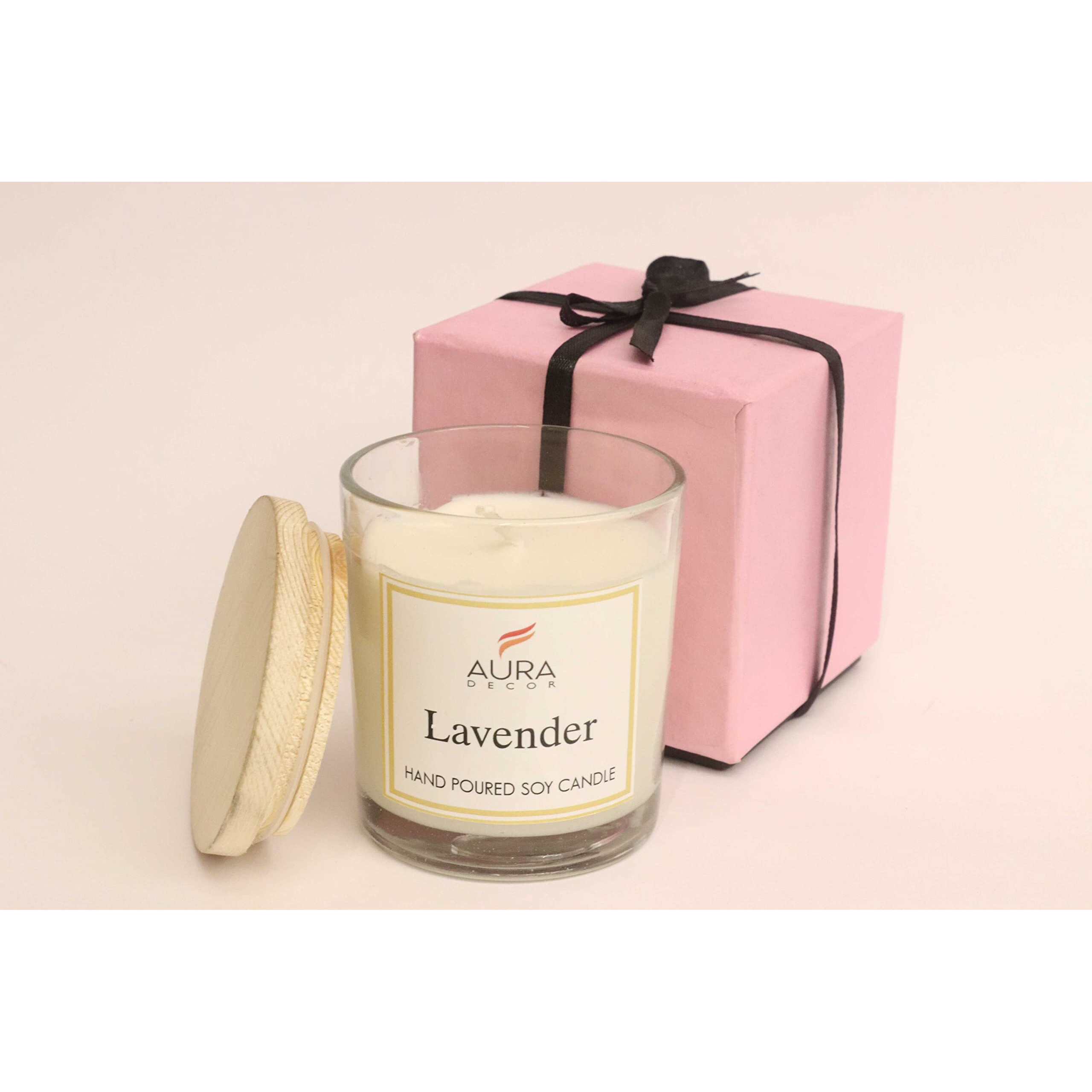 AuraDecor Hand Poured Fragrance Soy Wax Glass Candle 150 gm (with Wooden Lid & Comes in a Gift Box) | 100% Organic Wax Candle with Essential Oils (Transparent_Lavender)
