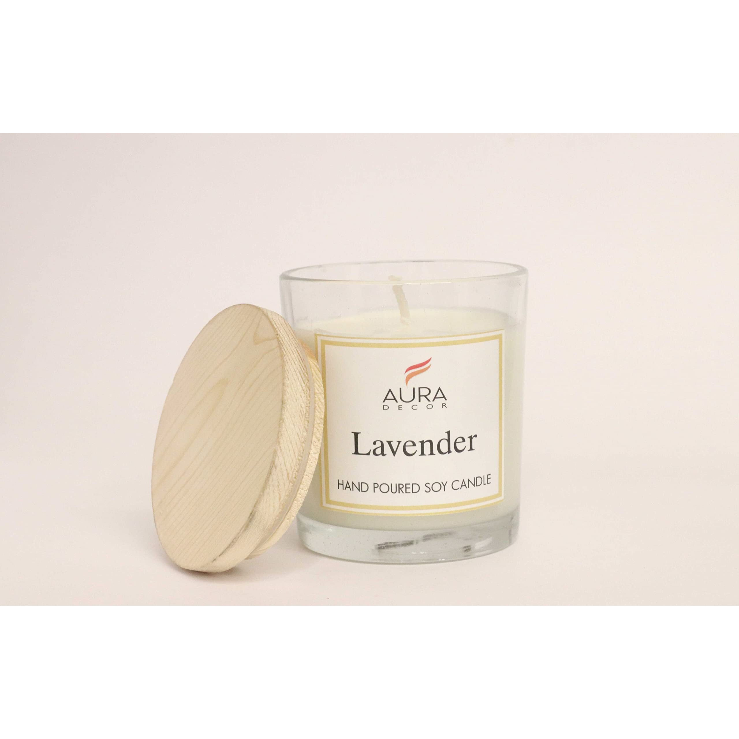 AuraDecor Hand Poured Fragrance Soy Wax Glass Candle 150 gm (with Wooden Lid & Comes in a Gift Box) | 100% Organic Wax Candle with Essential Oils (Transparent_Lavender)