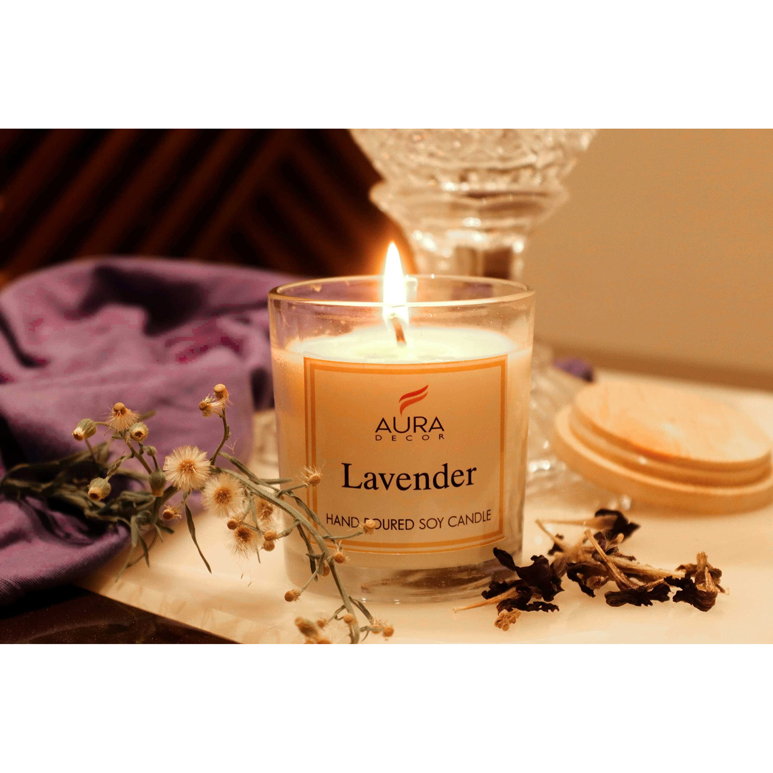 AuraDecor Hand Poured Fragrance Soy Wax Glass Candle 150 gm (with Wooden Lid & Comes in a Gift Box) | 100% Organic Wax Candle with Essential Oils (Transparent_Lavender)