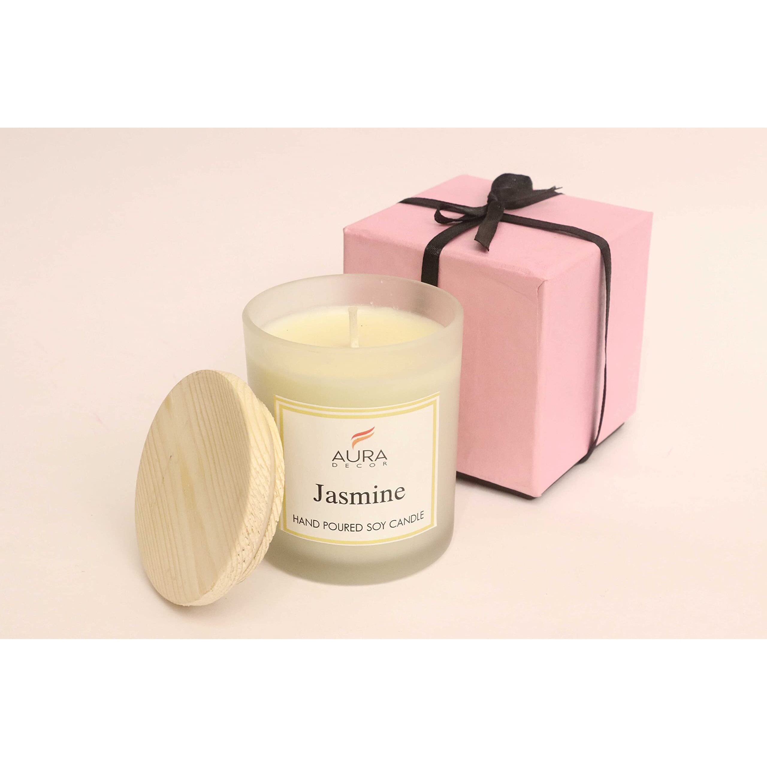 AuraDecor Hand Poured Fragrance Soy Wax Glass Candle 150 gm (with Wooden Lid & Comes in a Gift Box) | 100% Organic Wax Candle with Essential Oils (Frosted_Jasmine)