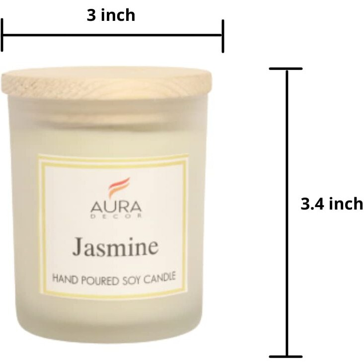 AuraDecor Hand Poured Fragrance Soy Wax Glass Candle 150 gm (with Wooden Lid & Comes in a Gift Box) | 100% Organic Wax Candle with Essential Oils (Frosted_Jasmine)