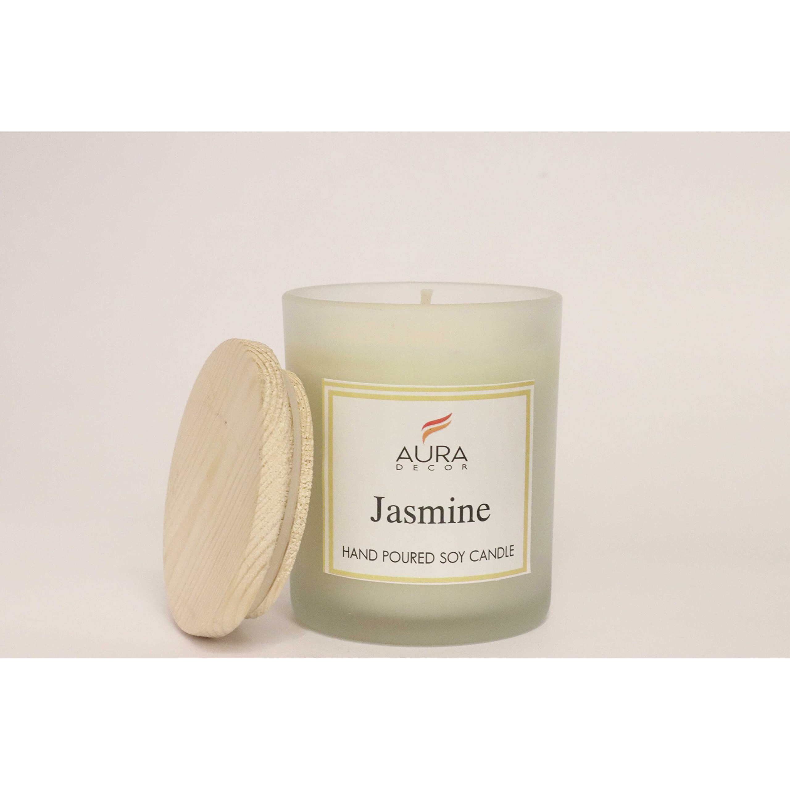AuraDecor Hand Poured Fragrance Soy Wax Glass Candle 150 gm (with Wooden Lid & Comes in a Gift Box) | 100% Organic Wax Candle with Essential Oils (Frosted_Jasmine)