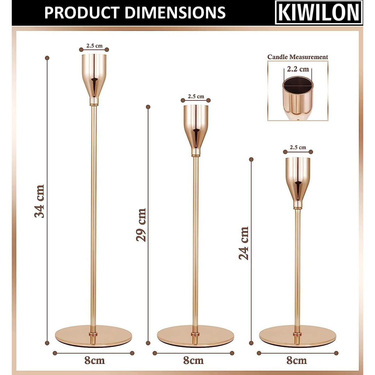 Kiwilon 3-in-1 Candle Holders - Rose Gold | Premium Candle Stick Stand for Home Decoration | Ideal for Taper Candles, Candelabra | Fits 3/4 inch Thick Candles | Easy to Assemble & Elegant
