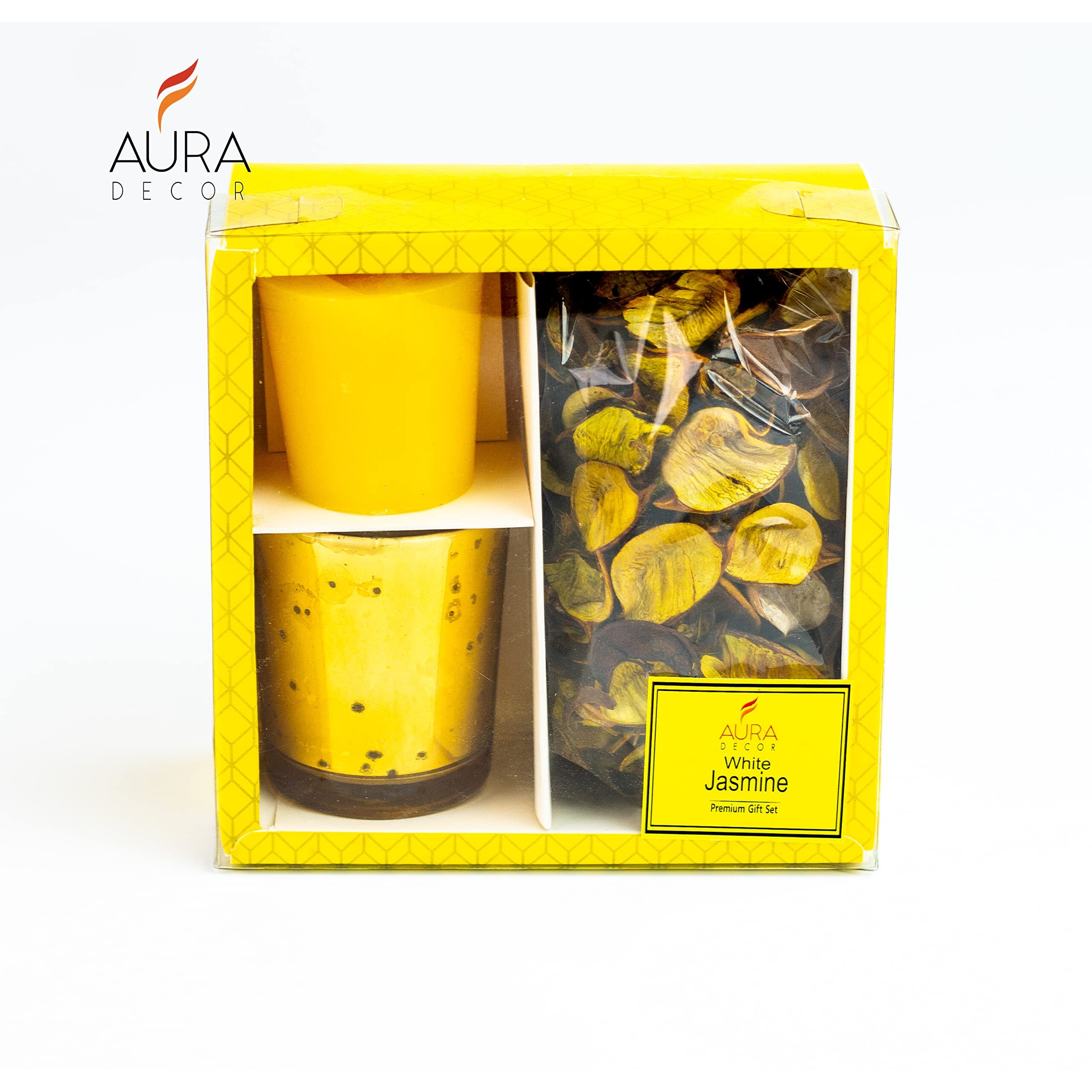 AuraDecor Premium Votive Candle Gift Set | Jasmine Fragrance Votive Pillar Candle | Jasmine Potpourri for Home Decor