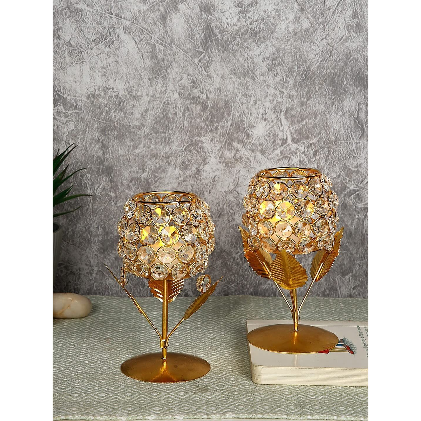 Collectible India Gold Plated Crystal Candle Holder Tea Light Stand Votive- Decorative Tealight Holders for Home Office Living Room Indoor Garden Dining Centerpiece Decoration (5 Box)