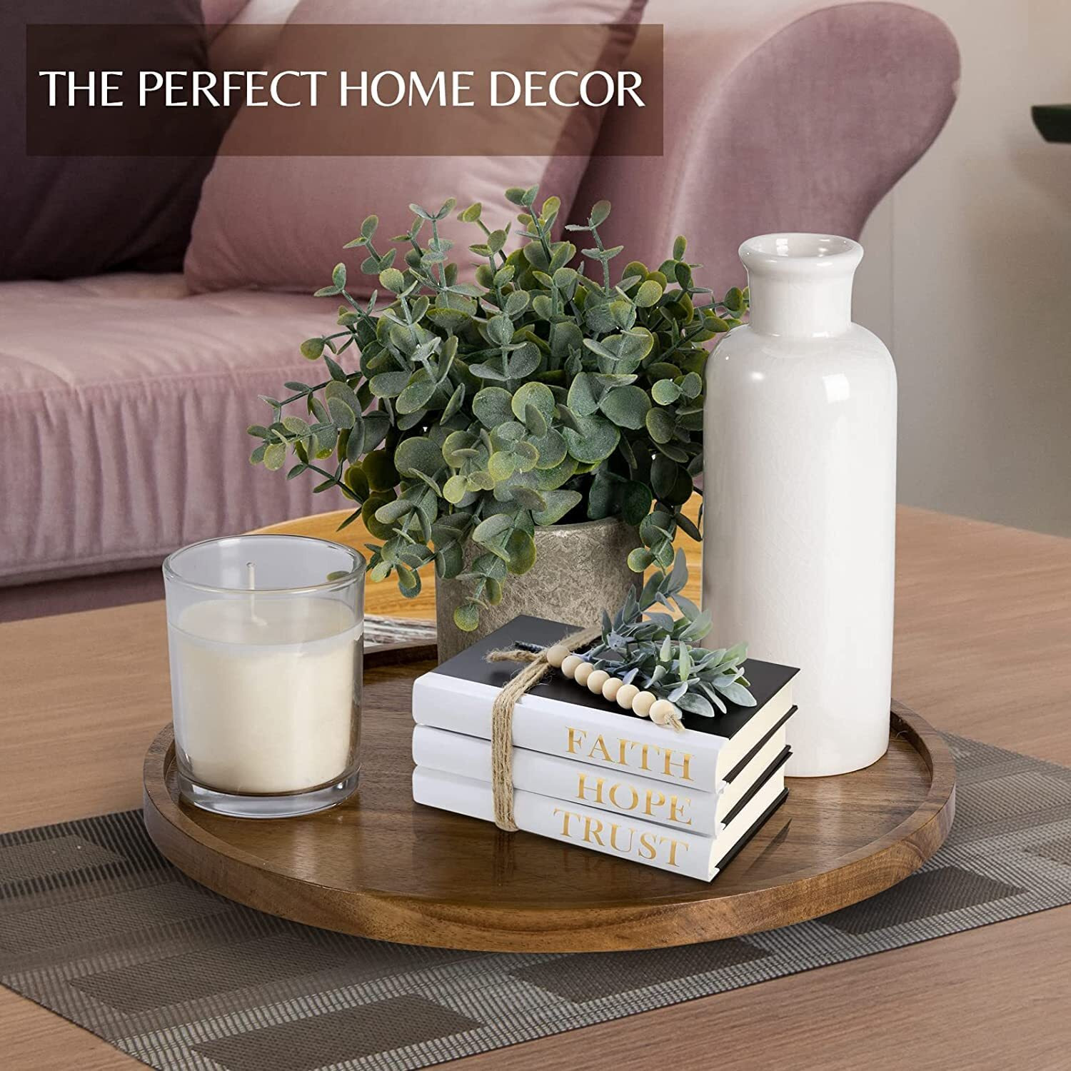 ETHOWEDEN Decorative Round Wooden Tray for Dcor - 11x11 inch Set of 1 Beautiful Tray for Kitchen Dining Room Table - The Perfect Small Candle Tray for Coffee Table and Home Dcor
