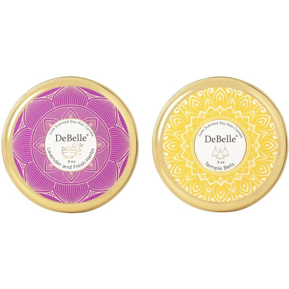 DeBelle Scented Soy Wax Candle Combo of 2 Lavender & Fresh Herbs & Temple Bells