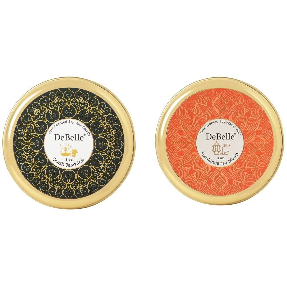 DeBelle Scented Soy Wax Candle Combo of 2 Oudh Jasmine & Frankincense Myrrh